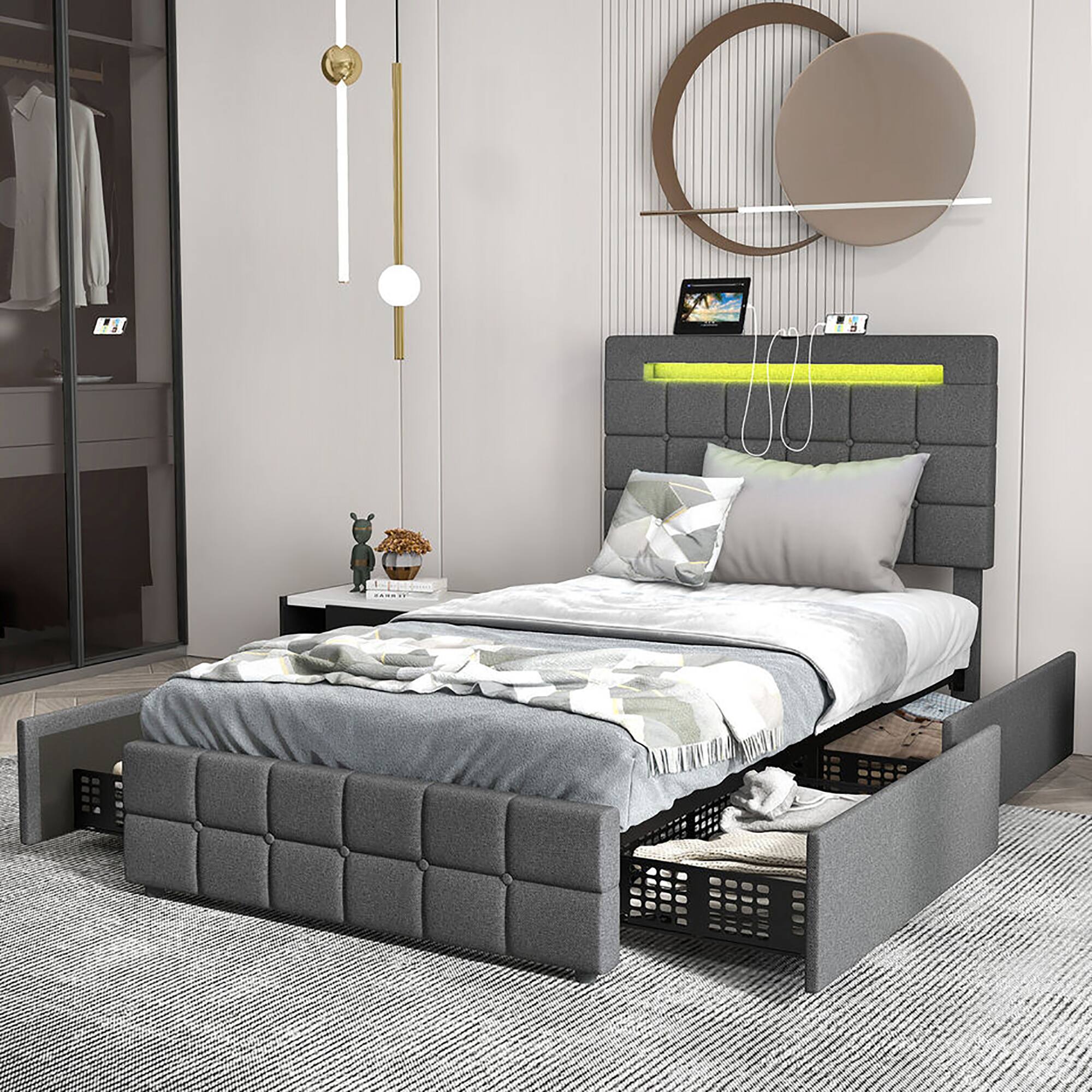 Alt View 3. Gymax - Gymax Twin Upholstered Platform Bed with LED Headboard Charging Station Storage Drawer - Gray.