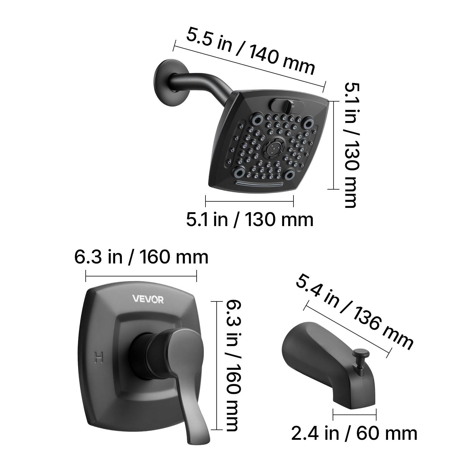 5.5 in / 140 mm  
5.1 in / 130 mm  
6.3 in / 160 mm  
5.4 in / 136 mm  
2.4 in / 60 mm