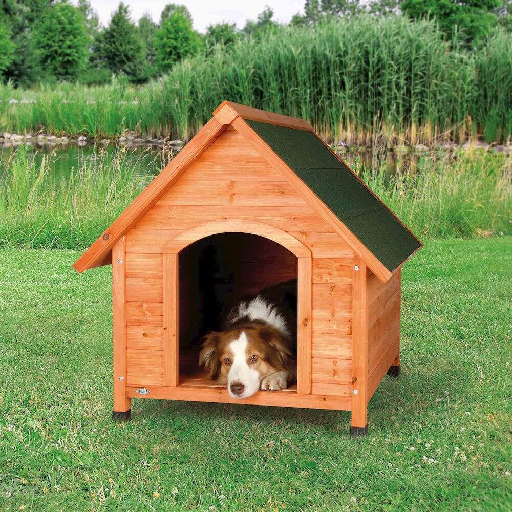 Angle. TRIXIE - Cottage Weatherproof Outdoor Wooden Dog House Raised Floor for Large Dogs - Brown.