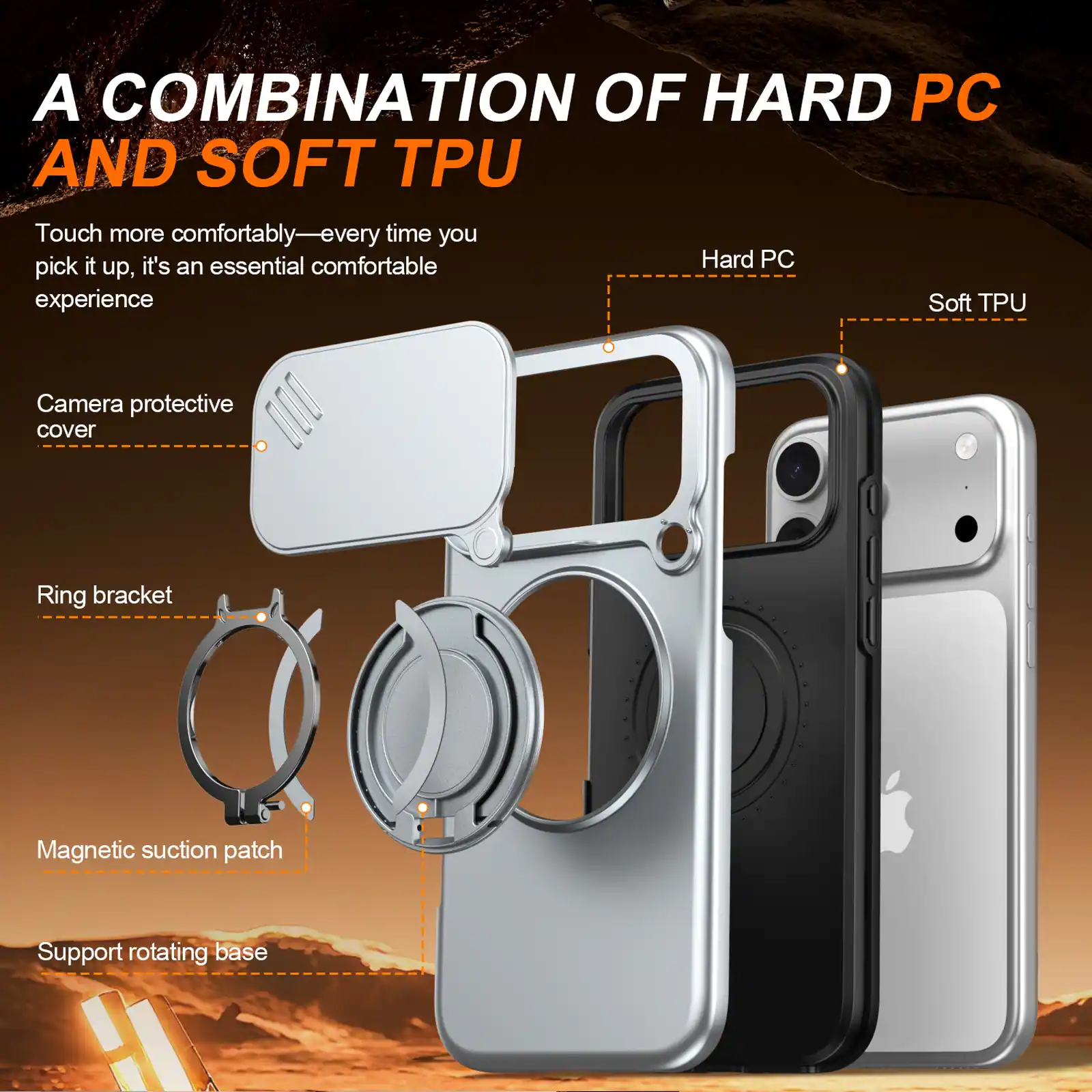 A COMBINATION OF HARD PC AND SOFT TPU

Touch more comfortably—every time you pick it up, it's an essential comfortable experience

Camera protective cover
Ring bracket
Magnetic suction patch
Support rotating base