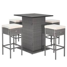 Gymax - 5PCS Wicker Bar Table Set w/ Hidden Storage Shelves Bar Table Stools Patio - Gray