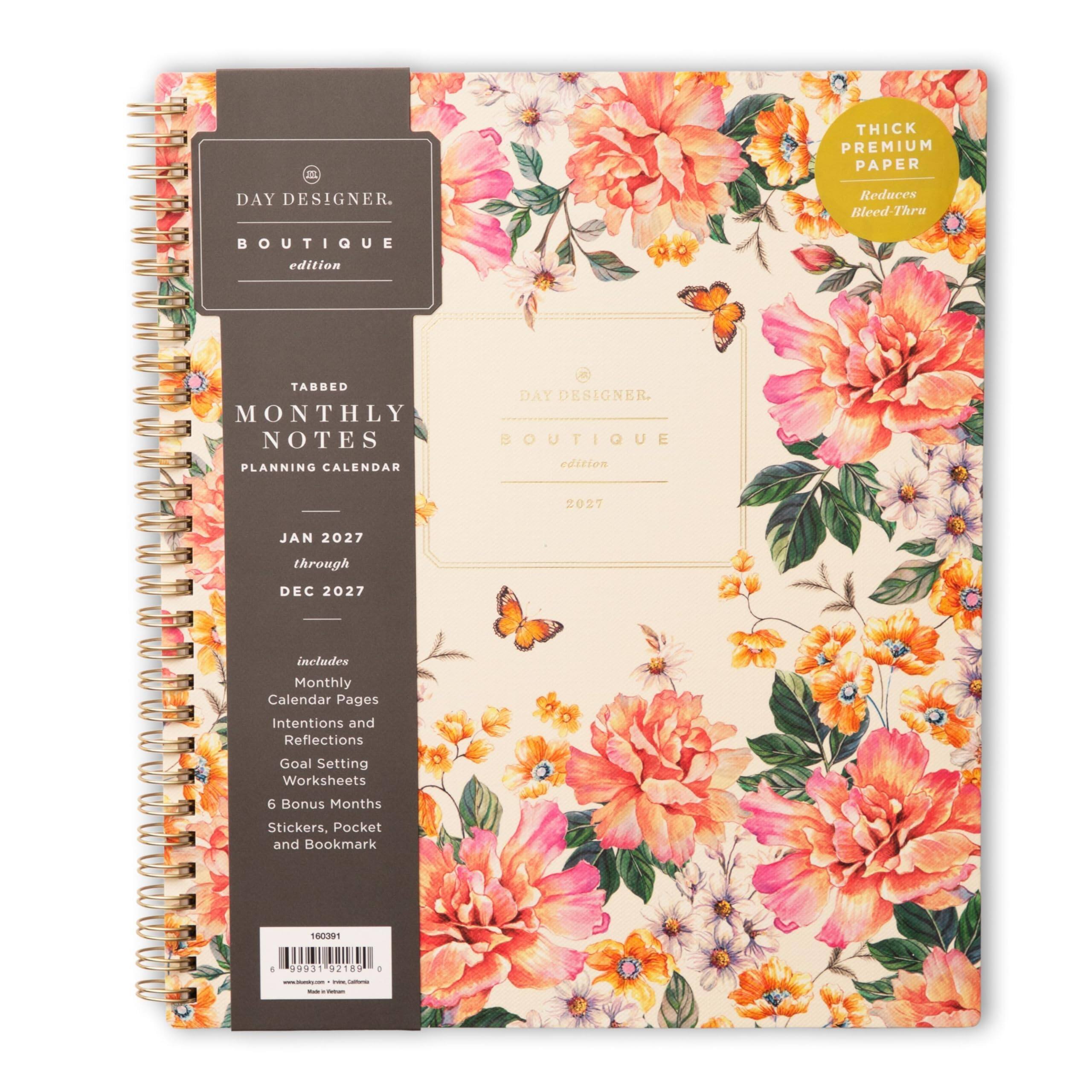 III DAY DESIGNER.  
THICK PREMIUM PAPER Reduces Bleed-Thru  
BOUTIQUE edition  
TABBED MONTHLY NOTES PLANNING CALENDAR edition  
2027  
JAN 2027 through DEC 2027  
includes Monthly Calendar Pages Intentions and Reflections Goal Setting Worksheets 6 Bonus Months Stickers, Pocket and Bookmark  
160391  
6  
99931 92189  
0  
www.cosook.com - - - d'eese, Callowers  
100% - -