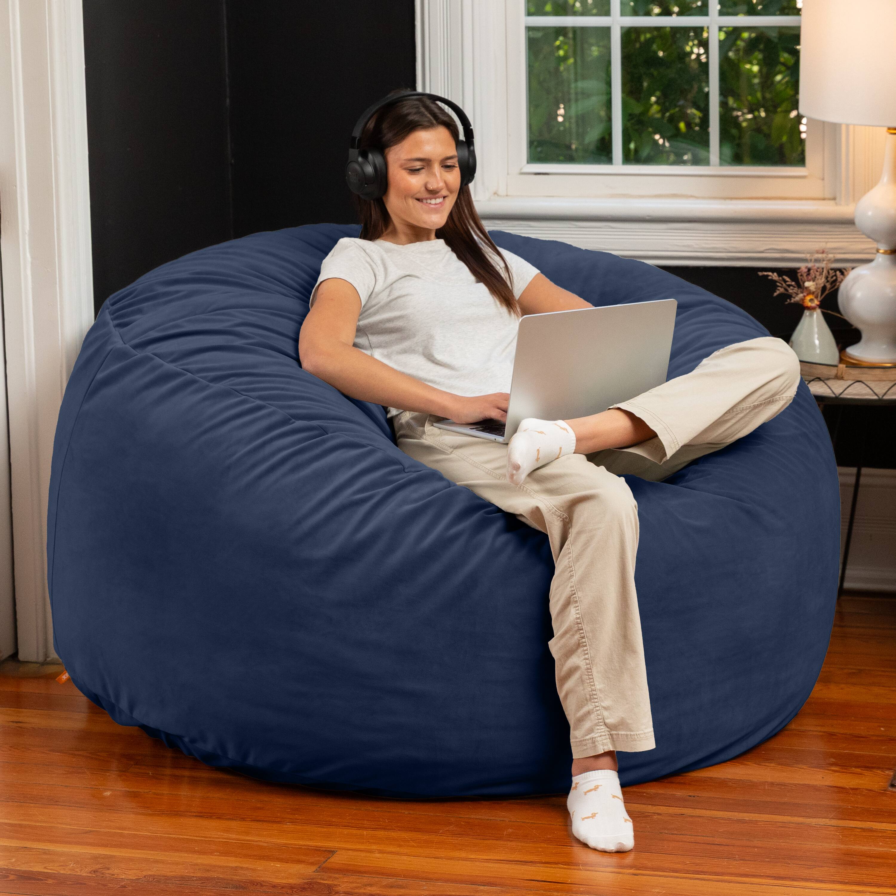Back. Jaxx - Jaxx 5 Foot Saxx - Large Round Bean Bag Chair for Adults - Lush Velvet Navy Blue - Lush Velvet Navy Blue.