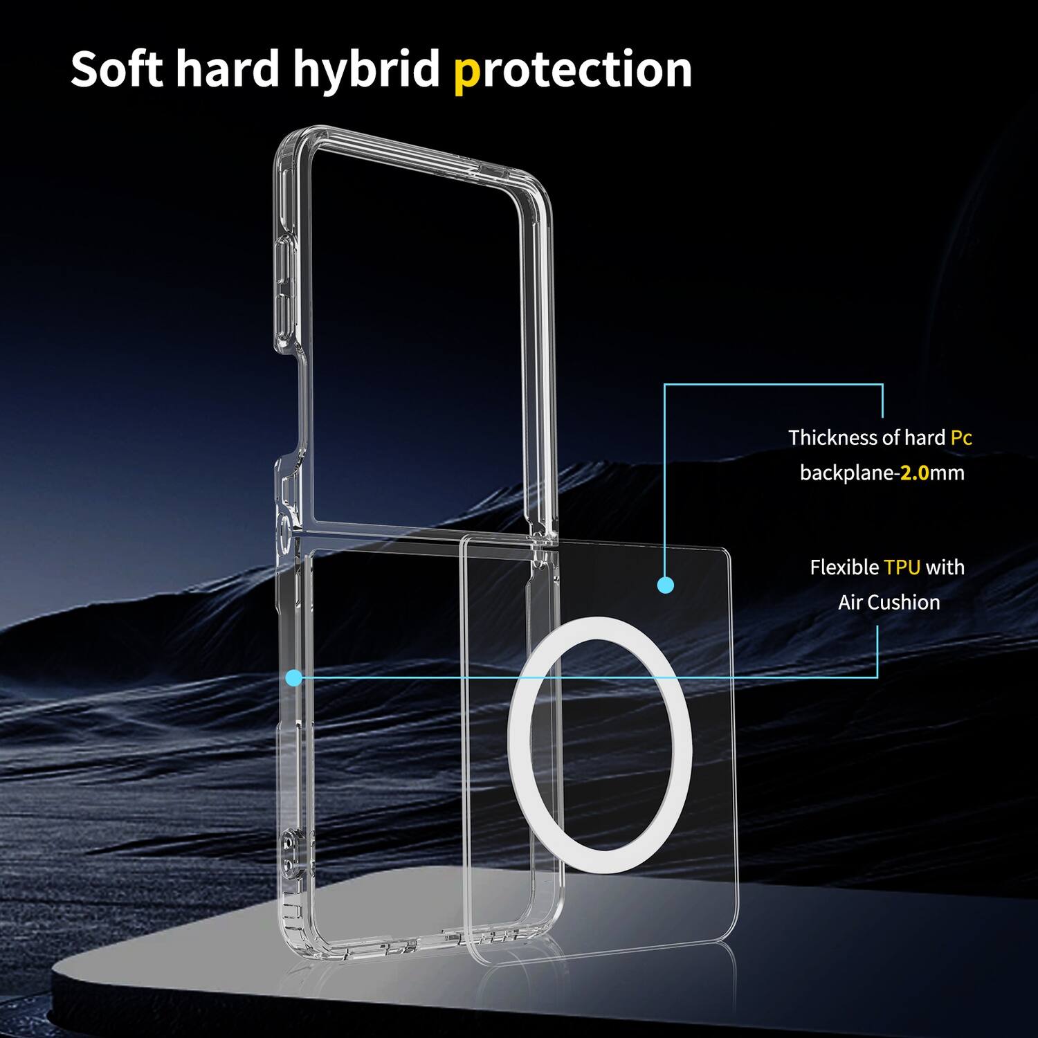 Soft hard hybrid protection

Thickness of hard Pc backplane-2.0mm

Flexible TPU with Air Cushion