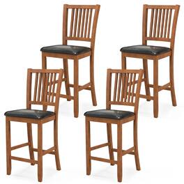 Gymax - 4PCS 25.5'' Bar Chair Set w/ Backrest Padded Seat Footrest Rubber Wood Frame - Walnut