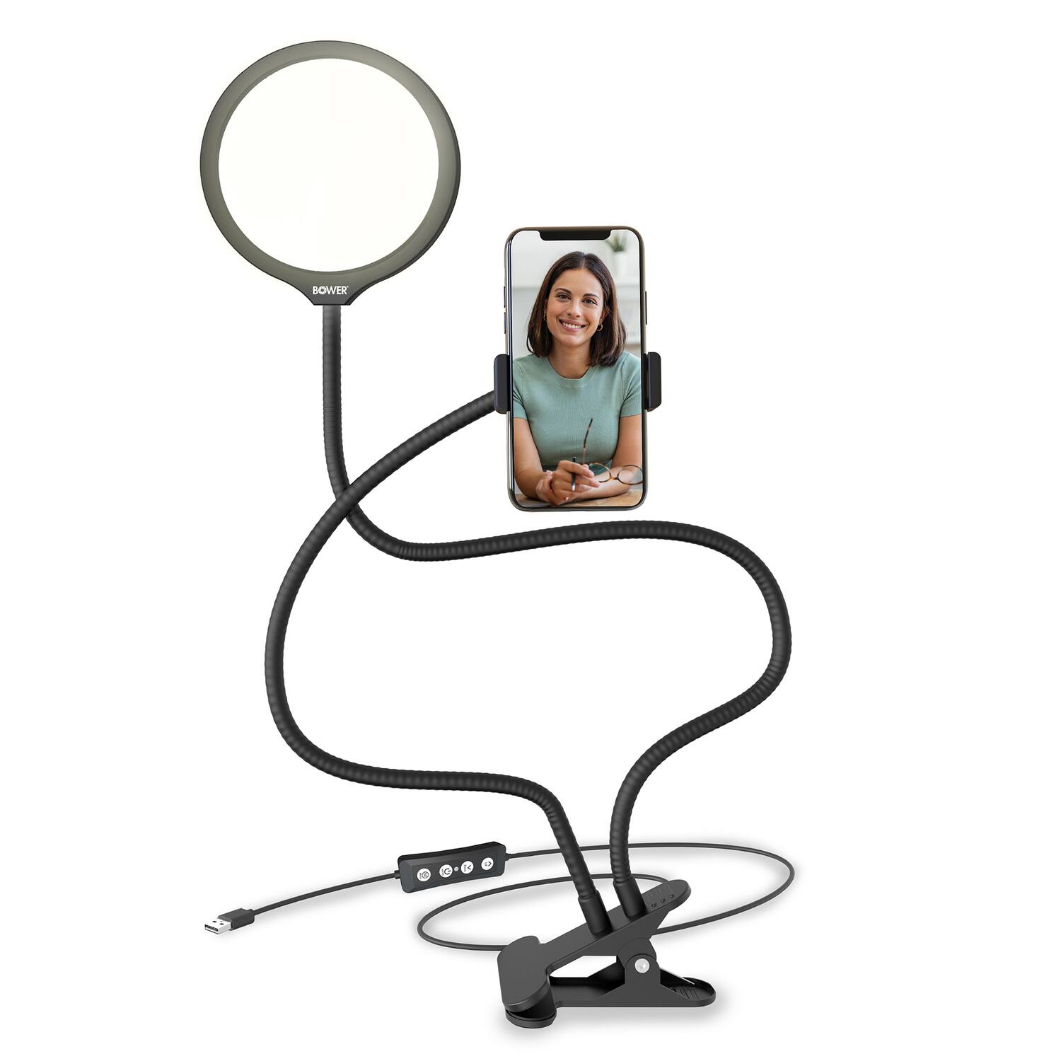 Alt View 4. Bower - 6" Dual-Arm Flexible-Panel LED Ring Light, Integrated Metal Clamp, In-Line Remote, USB Powered - Black.