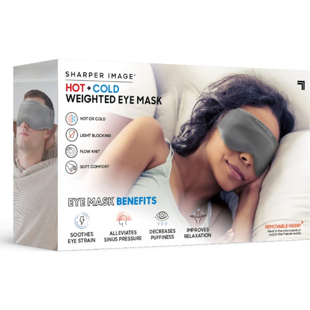 SHARPER IMAGE HOT + COLD WEIGHTED EYE MASK HOT OR COLD LIGHT BLOCKING FLOW KNIT SOFT COMFORT EYE MASK BENEFITS 4 DECREASES IMPROVES SOOTHES ALLEVIATES PUFFINESS RELAXATION EYE STRAIN SINUS PRESSURE REMOVABLE! INSERT Heat in the microwave Or cool in the freezer easily.