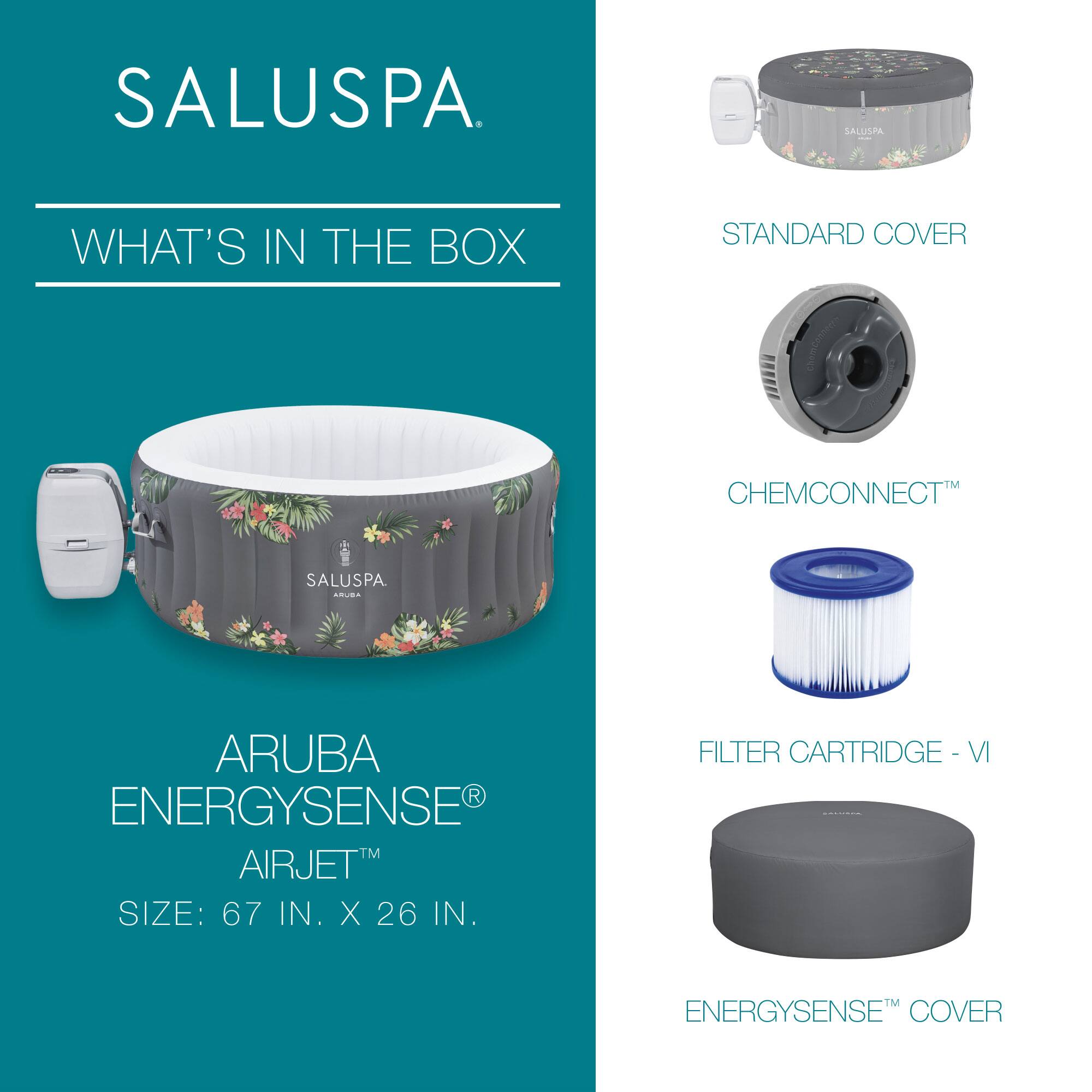 SALUSPA

WHAT'S IN THE BOX

ARUBA ENERGYSENSE® AIRJET™  
SIZE: 67 IN. X 26 IN.

STANDARD COVER

CHEMCONNECT™

FILTER CARTRIDGE - VI

ENERGYSENSE™ COVER