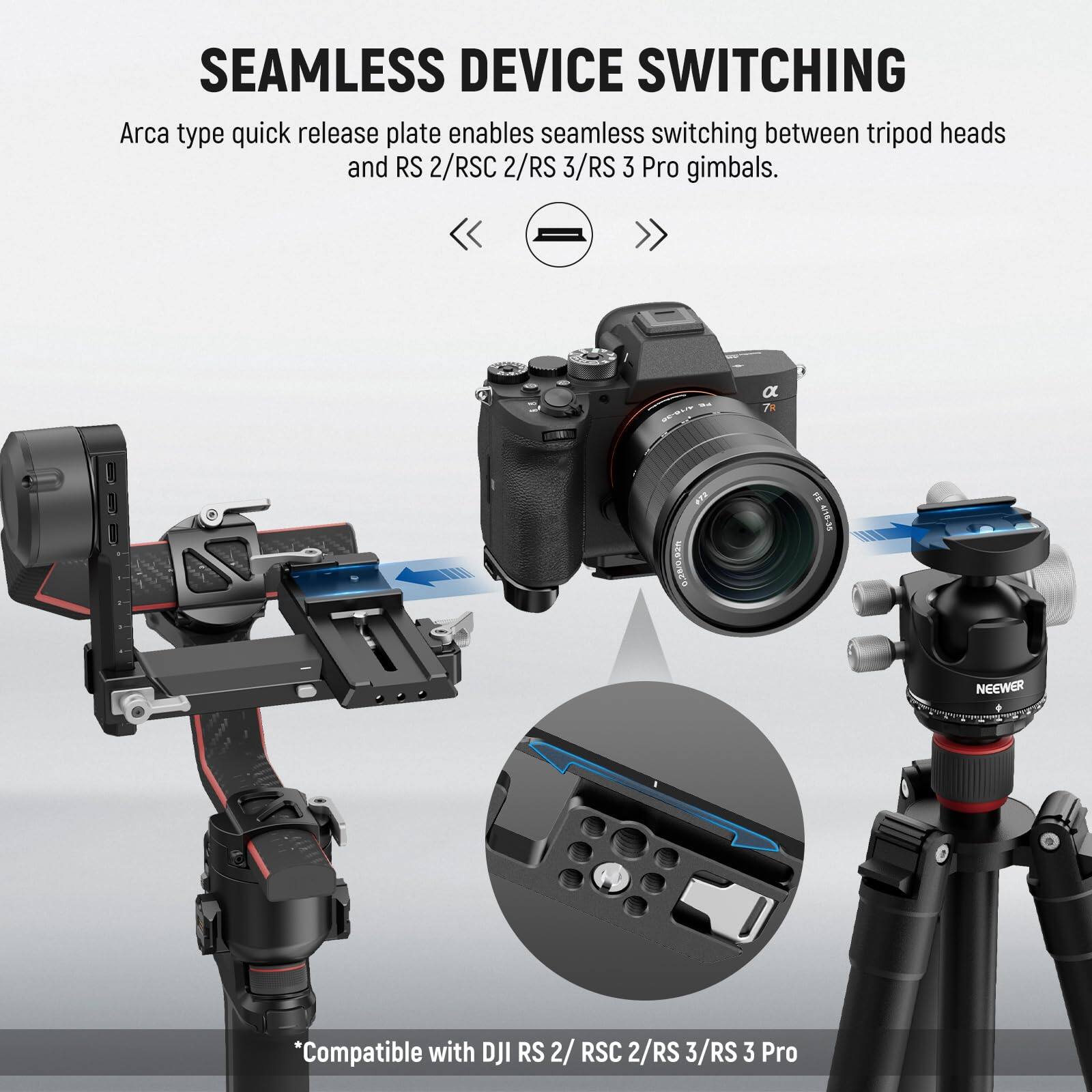 SEAMLESS DEVICE SWITCHING

Arca type quick release plate enables seamless switching between tripod heads and RS 2/RSC 2/RS 3/RS 3 Pro gimbals.

*Compatible with DJI RS 2/ RSC 2/RS 3/RS 3 Pro