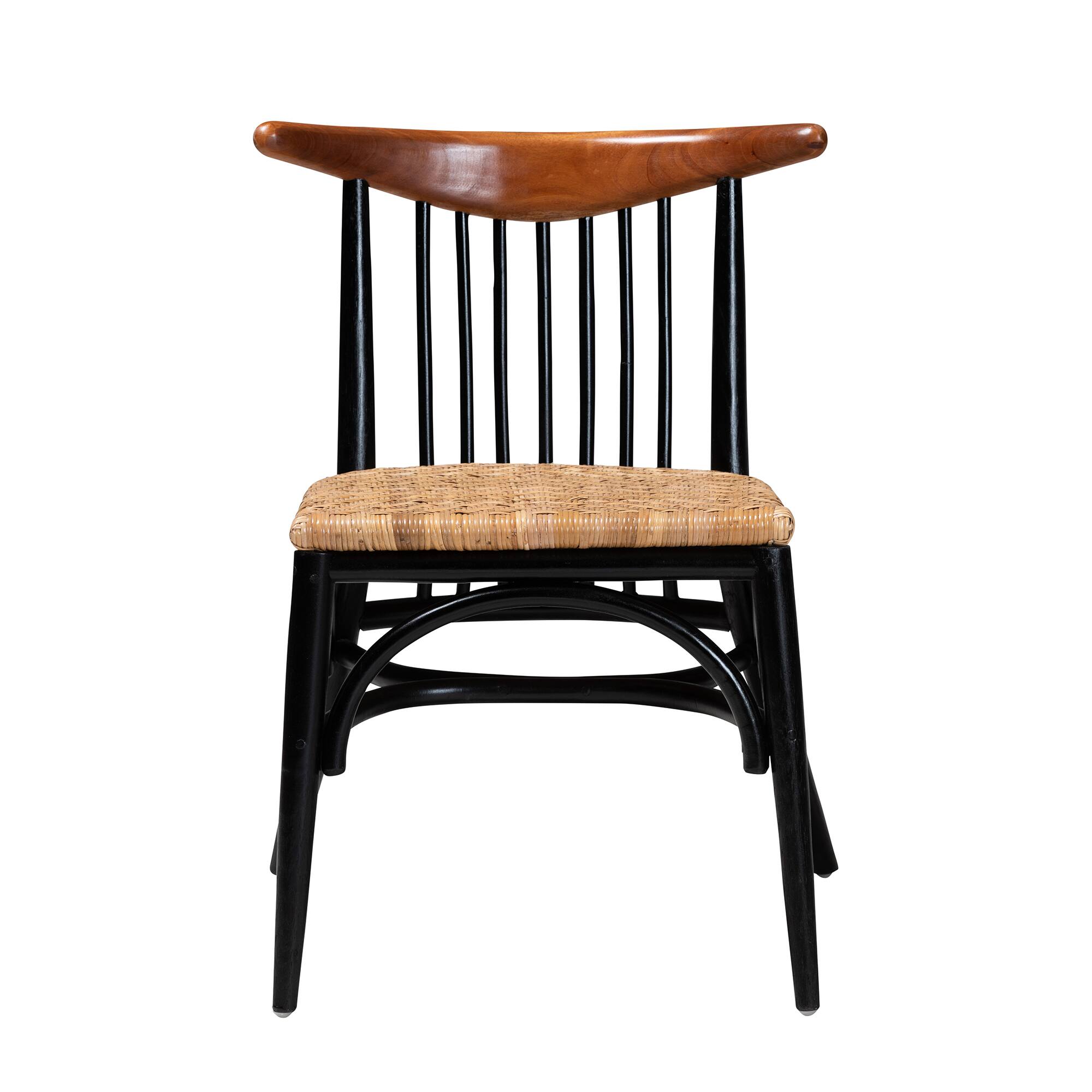 Angle. bali & pari - Parthenia Mahogany Wood and Natural Rattan Dining Chair - Walnut Brown/Natural Brown/Black.