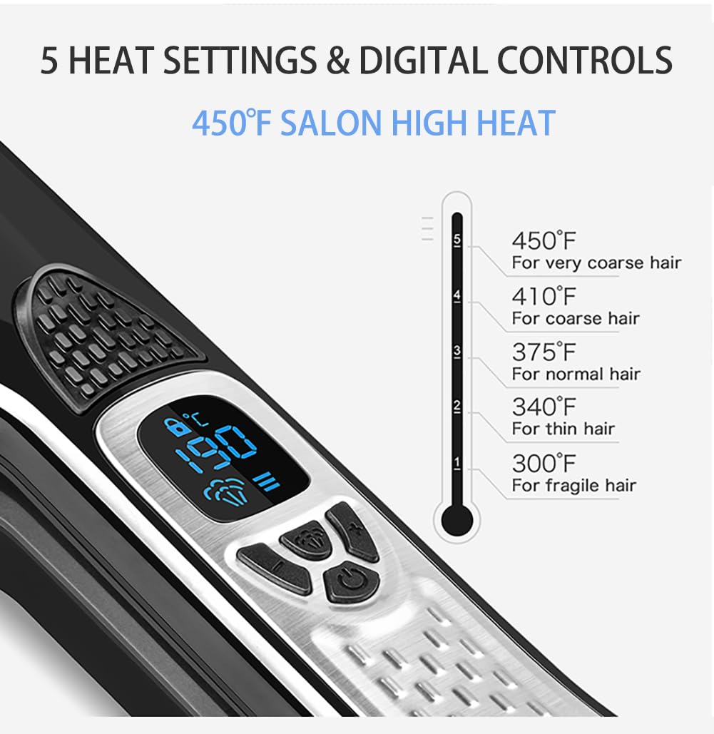 5 HEAT SETTINGS & DIGITAL CONTROLS  
450°F SALON HIGH HEAT  

- 450°F For very coarse hair  
- 410°F For coarse hair  
- 375°F For normal hair  
- 340°F For thin hair  
- 300°F For fragile hair