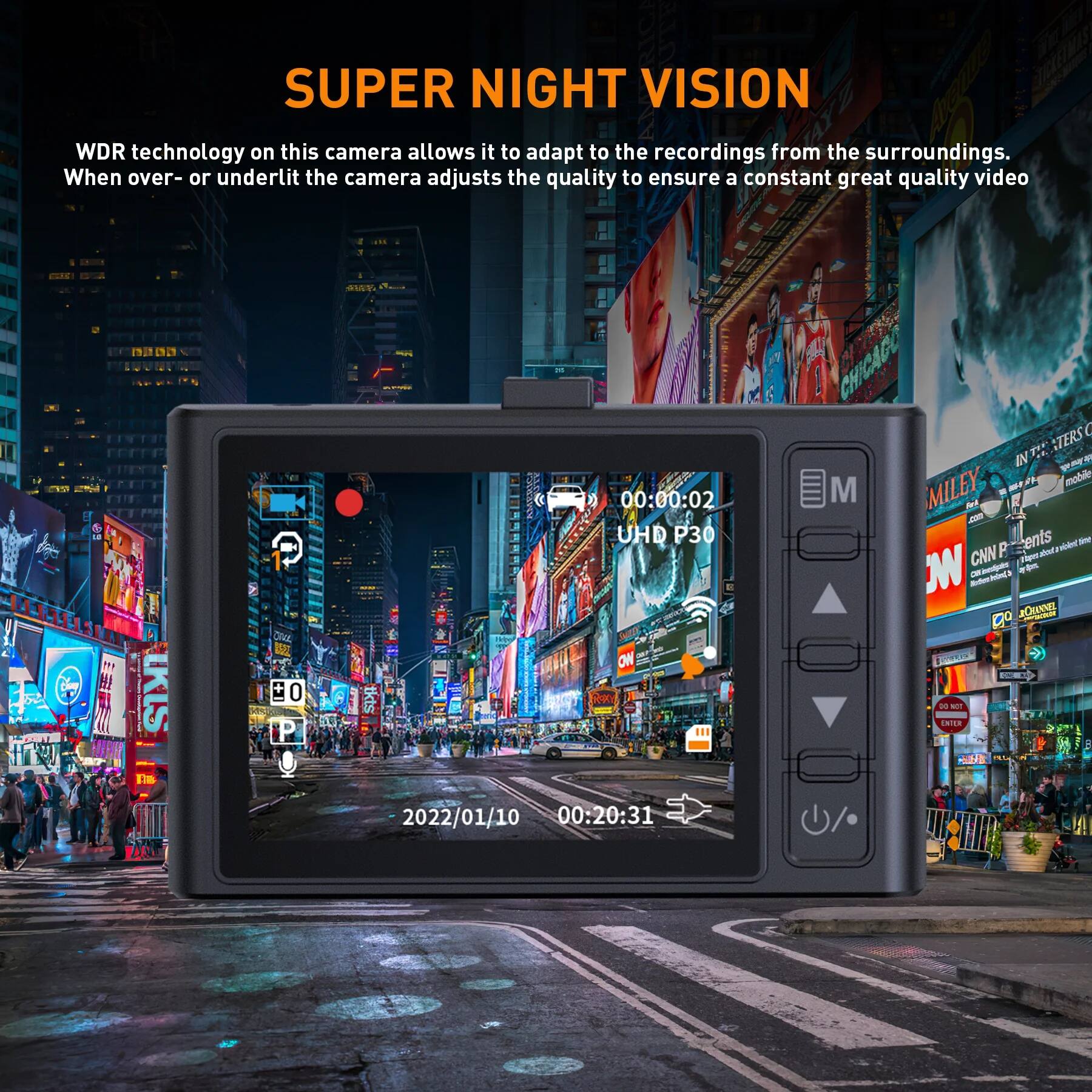 SUPER NIGHT VISION

WDR technology on this camera allows it to adapt to the recordings from the surroundings. When over- or underlit, the camera adjusts the quality to ensure a constant great quality video.