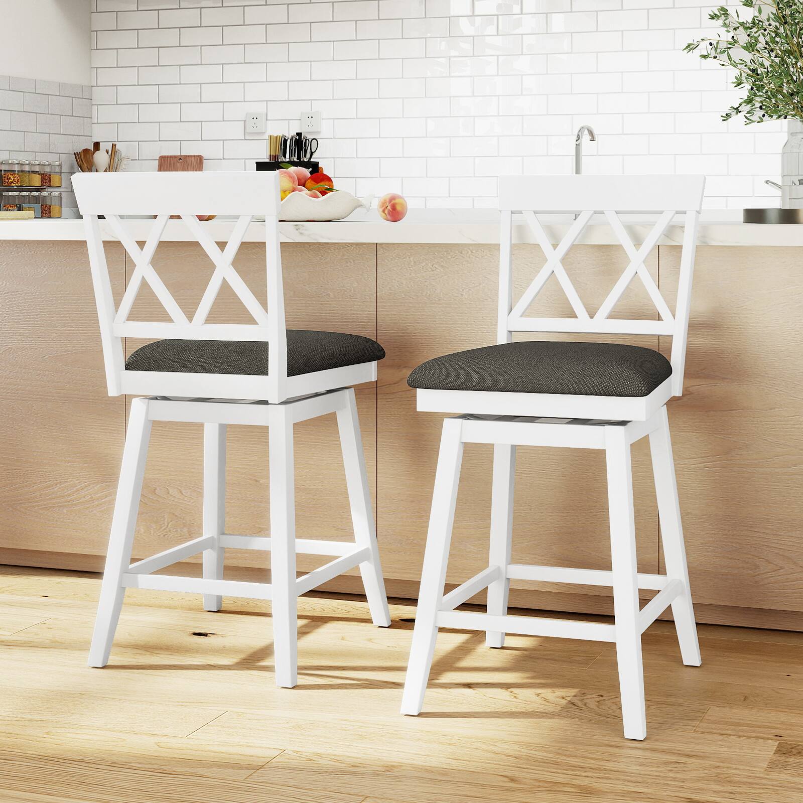 Alt View 6. Gymax - Gymax 24'' Bar Stool Wooden Chair Set of 4 w/Contoured Backrest Swivel Padded Seat White & Gray - White, Gray.