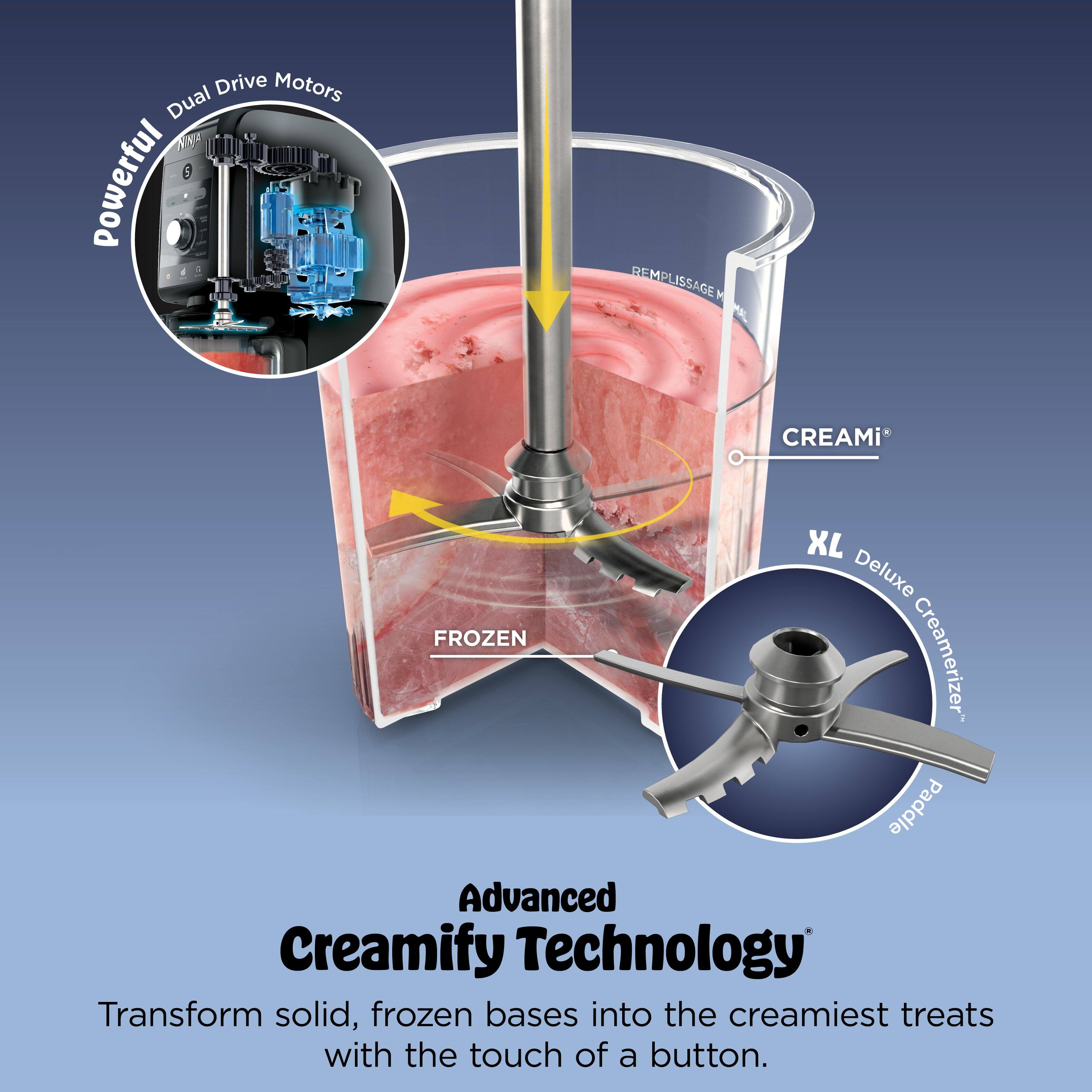 Drive Motors Dual powerful EOULE REMPLISSAGE M CREAMi* XL Deluxe FROZEN Creamerizer Paddle Advanced Creamify Technology Transform solid, frozen bases into the creamiest treats with the touch of a button.