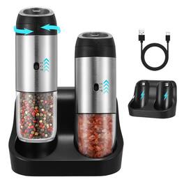 Unique Bargains - Rechargeable Gravity Electric Salt Grinder Set with Variable Grinding Speed External Adjustable Coarseness Charging Base - Stainless Steel