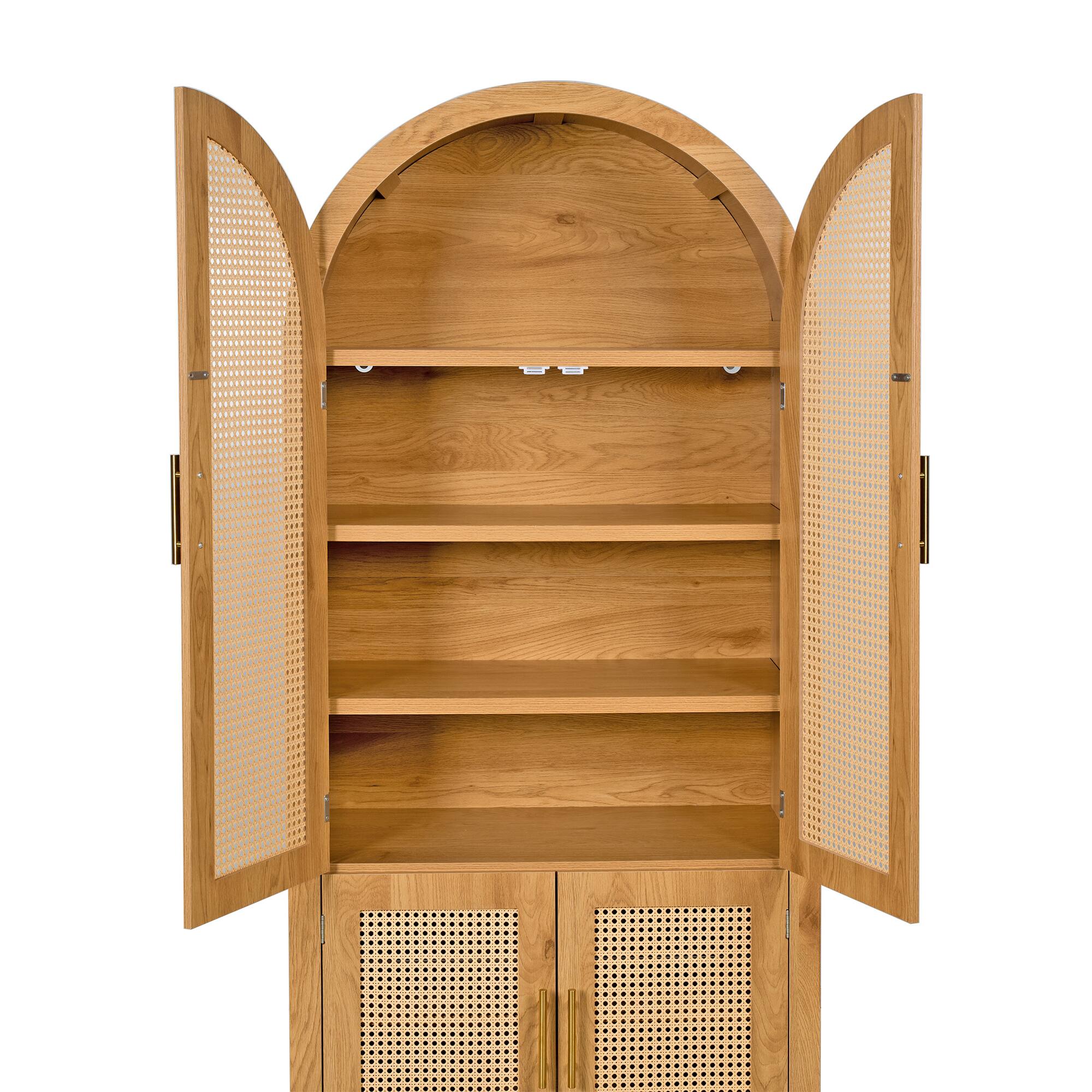 Alt View 9. Loheer - Loheer Arched Storage Cabinet, Oak Rattan Door Cabinet with Adjustable Shelves and Door Racks, Tall Pantry Cabinet - Oak.