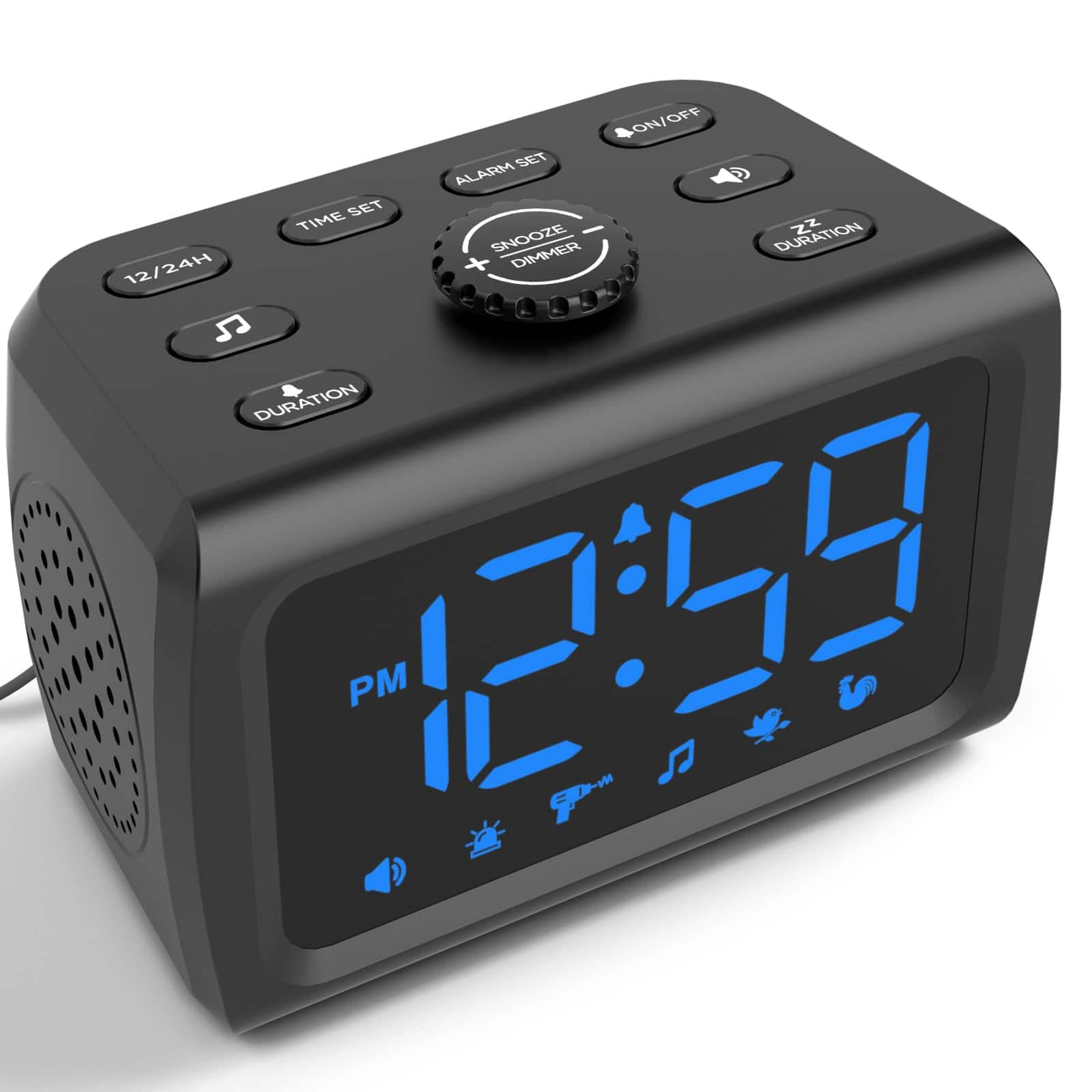 Dazzed Corner - Super Loud Alarm Clock with USB Charger, Dimmer, 6 Sounds, Battery Backup - Blue Digits