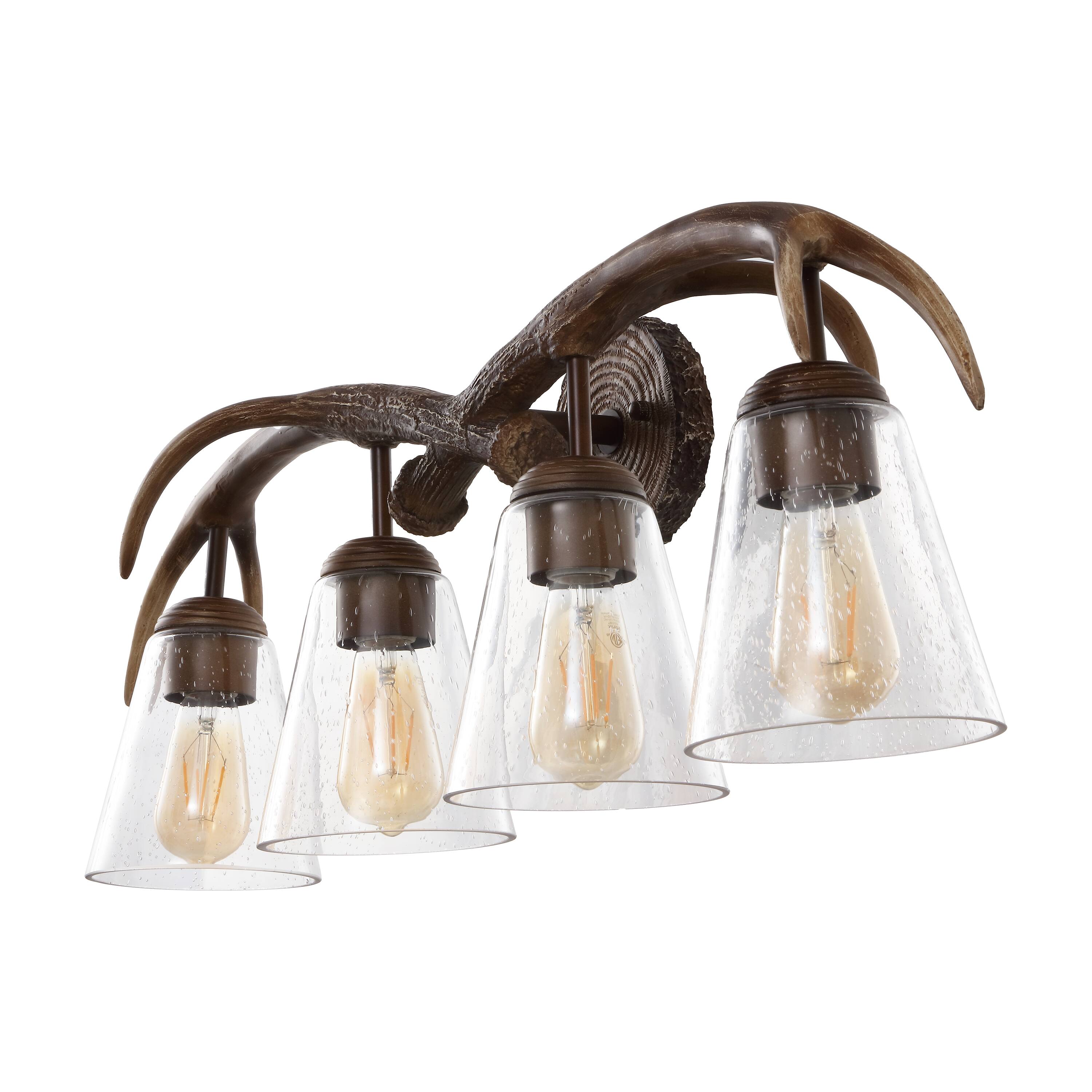 Alt View 6. Jonathan Y - Wyatt 32.5" 4-Light Southwestern Bohemian Resin/Seeded Glass Faux Antler LED Vanity Light, Brown Wood Finish - Brown Wood Finish.