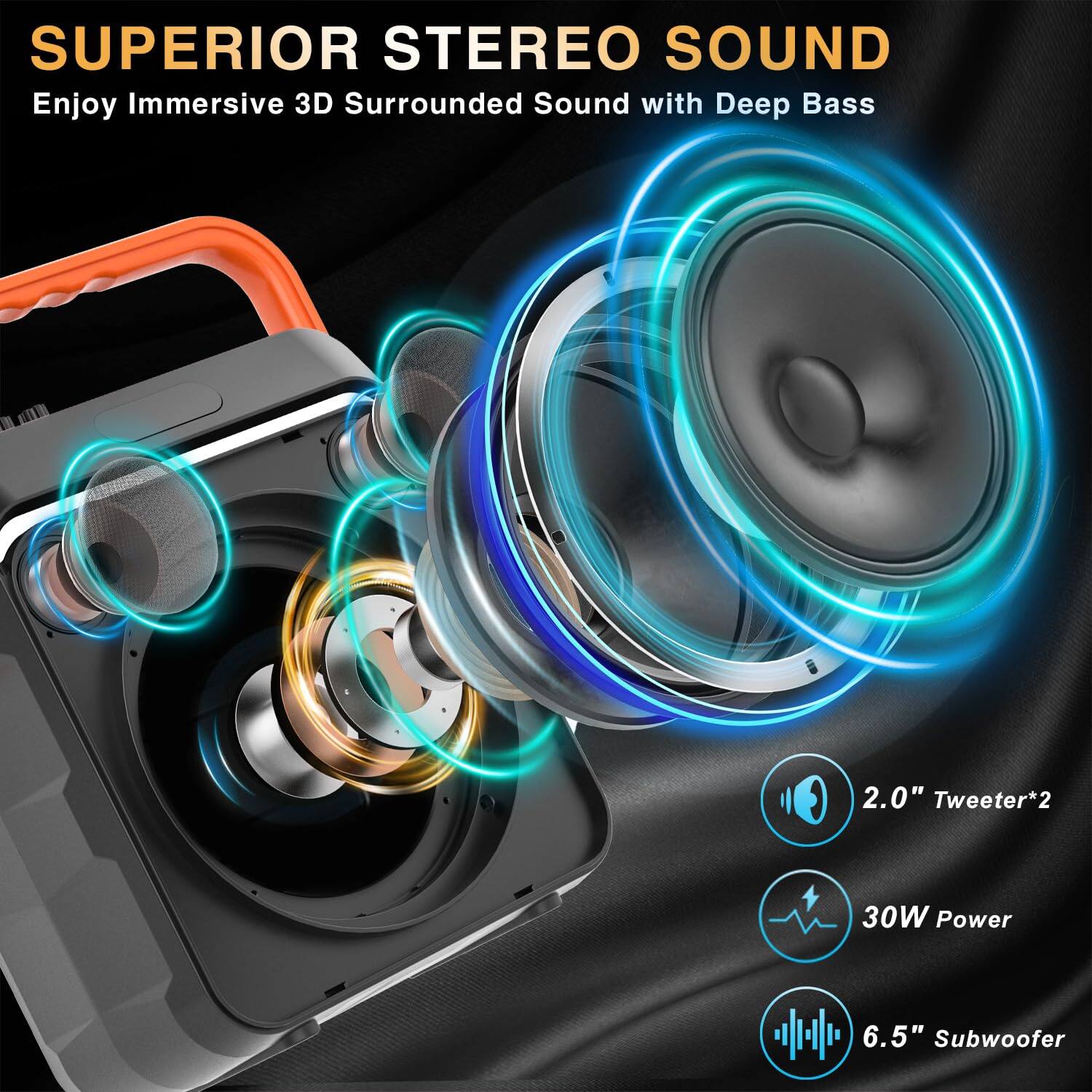 SUPERIOR STEREO SOUND  
Enjoy Immersive 3D Surrounded Sound with Deep Bass  

2.0" Tweeter*2  
30W Power  
6.5" Subwoofer