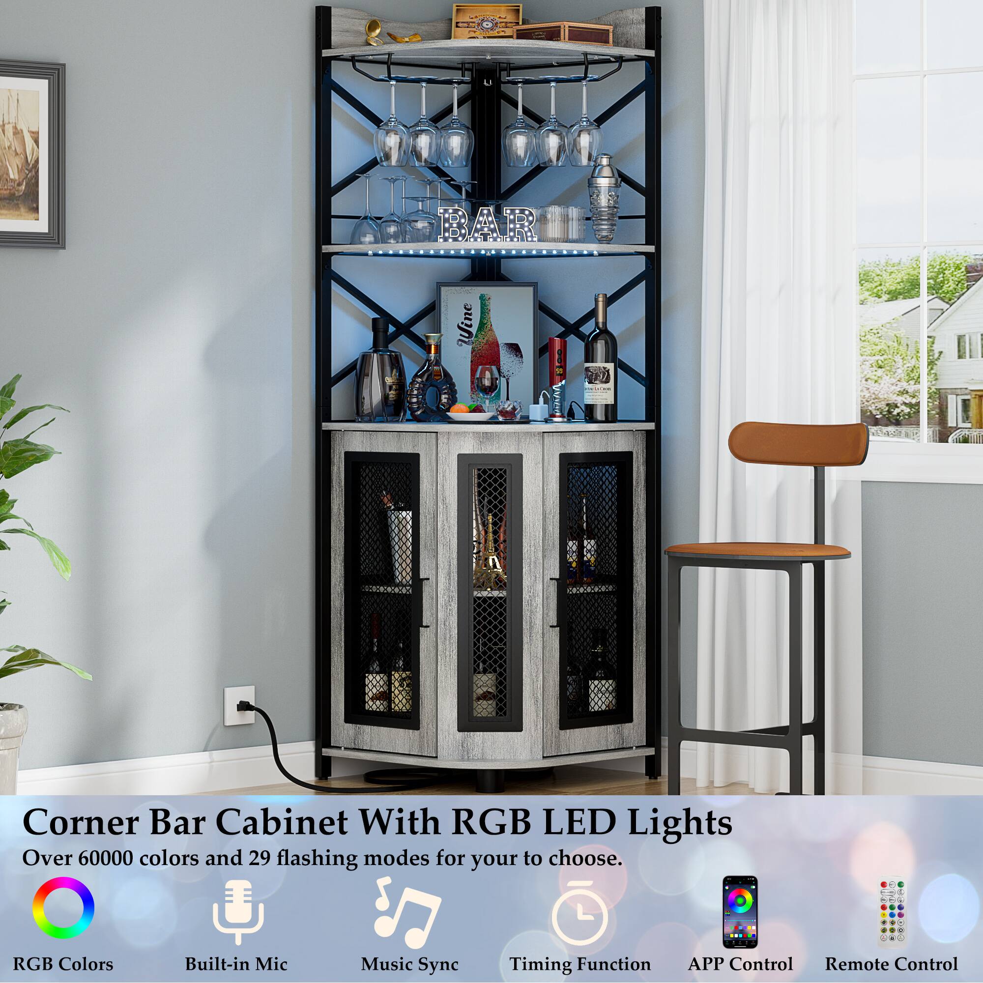 Corner Bar Cabinet With RGB LED Lights  
Over 60000 colors and 29 flashing modes for you to choose.  

RGB Colors  
Built-in Mic  
Music Sync  
Timing Function  
APP Control  
Remote Control