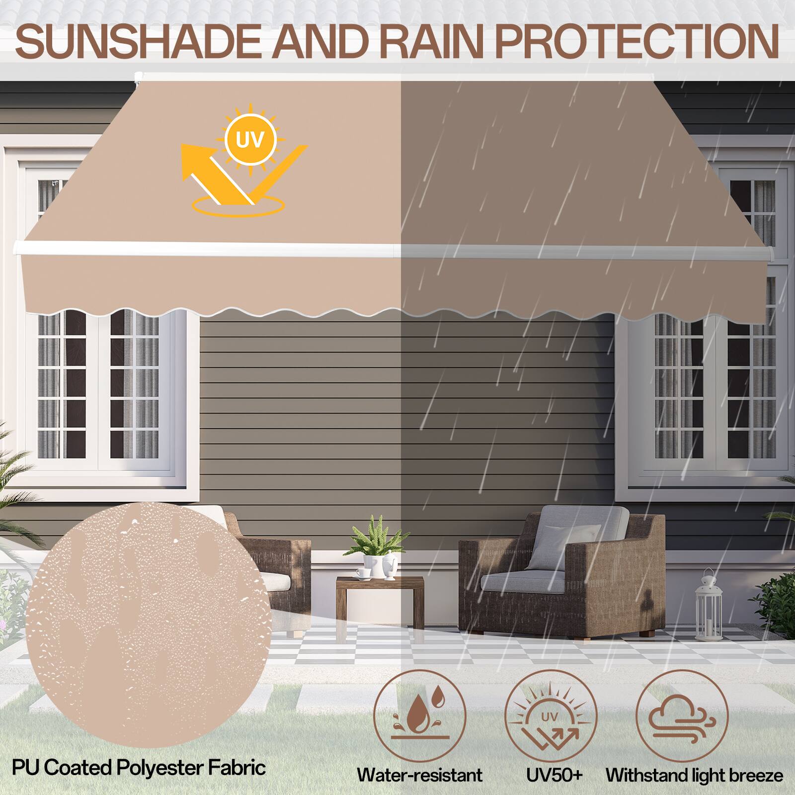 SUNSHADE AND RAIN PROTECTION

- UV Protection
- Water-resistant
- UV50+
- Withstand light breeze

PU Coated Polyester Fabric