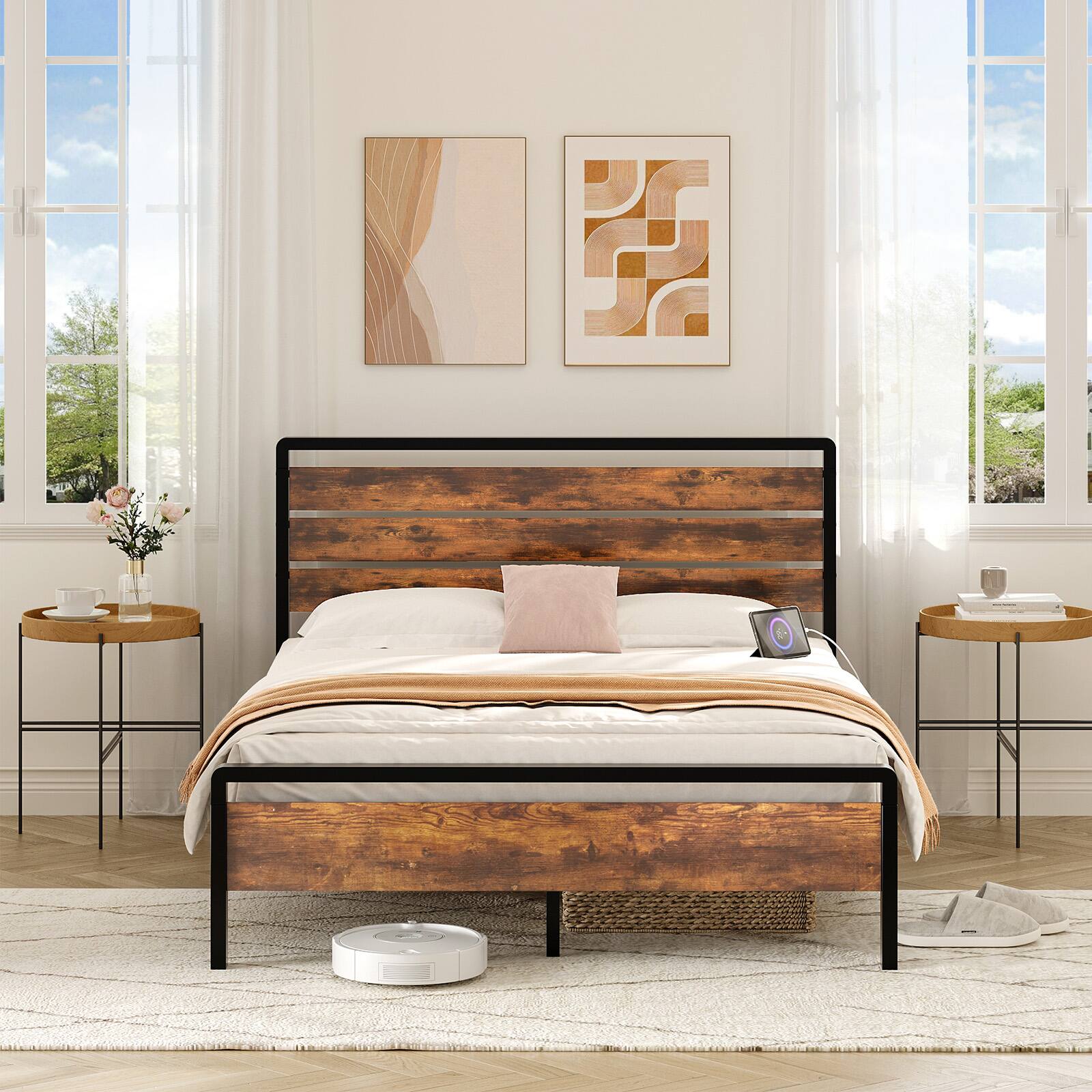 Alt View 9. Winado - Queen Size Platform Bed Frame with LED Headboard, USB Charging Station, Metal Panel Bed with 12" Under Bed Storage Space - Industrial Brown.