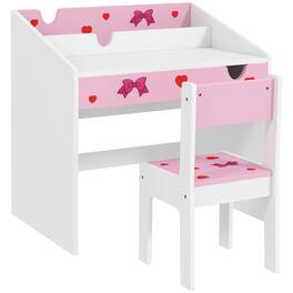 Qaba - Kids Desk and Chair Set, Study Desk, Student Writing Desk, Drawer, Bedroom & Study Room, 3-6 Years, Bow Pattern - Pink