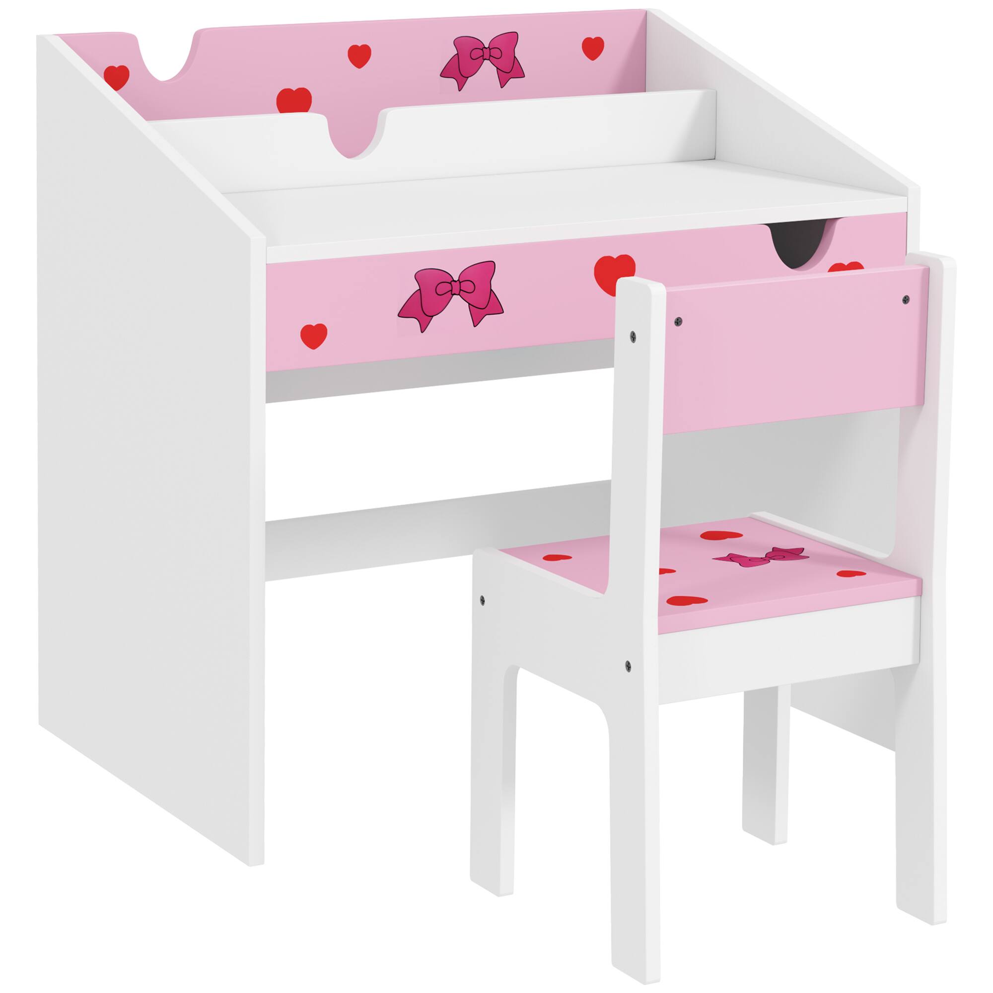Front. Qaba - Kids Desk and Chair Set, Study Desk, Student Writing Desk, Drawer, Bedroom & Study Room, 3-6 Years, Bow Pattern - Pink.