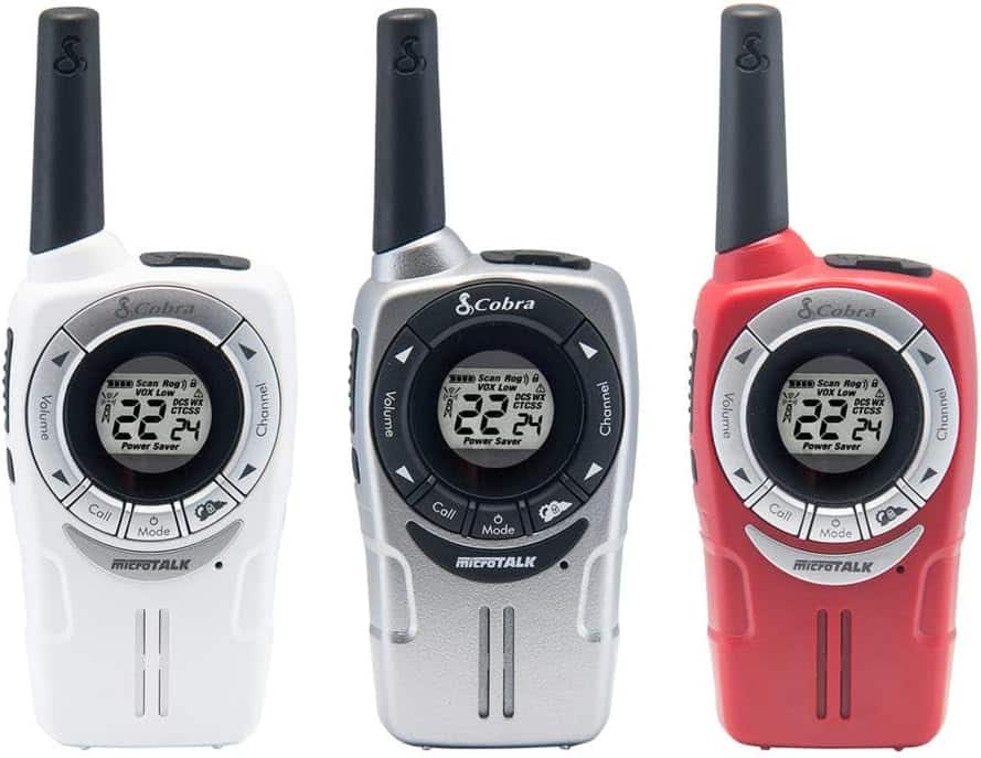 Cobra - ACXT360 Water Resistant Walkie Talkies – Rechargeable, 22 Channels, Long Range 25-Mile Range Two-Way Radios 3-Pack - White/Red/Silver