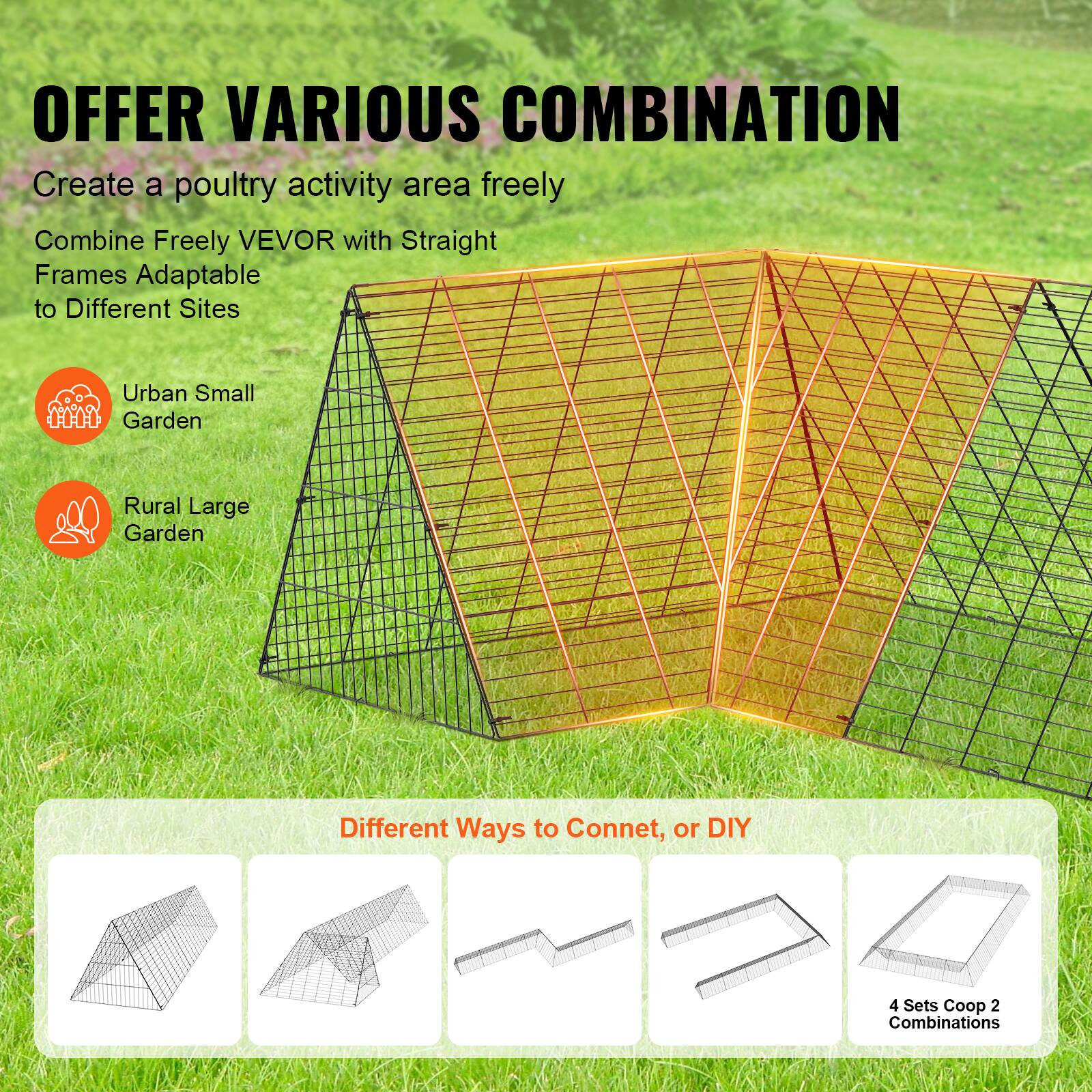 OFFER VARIOUS COMBINATION

Create a poultry activity area freely

Combine Freely VEVO with Straight Frames Adaptable to Different Sites

Urban Small Garden

Rural Large Garden

Different Ways to Connect, or DIY

4 Sets Coop 2 Combinations