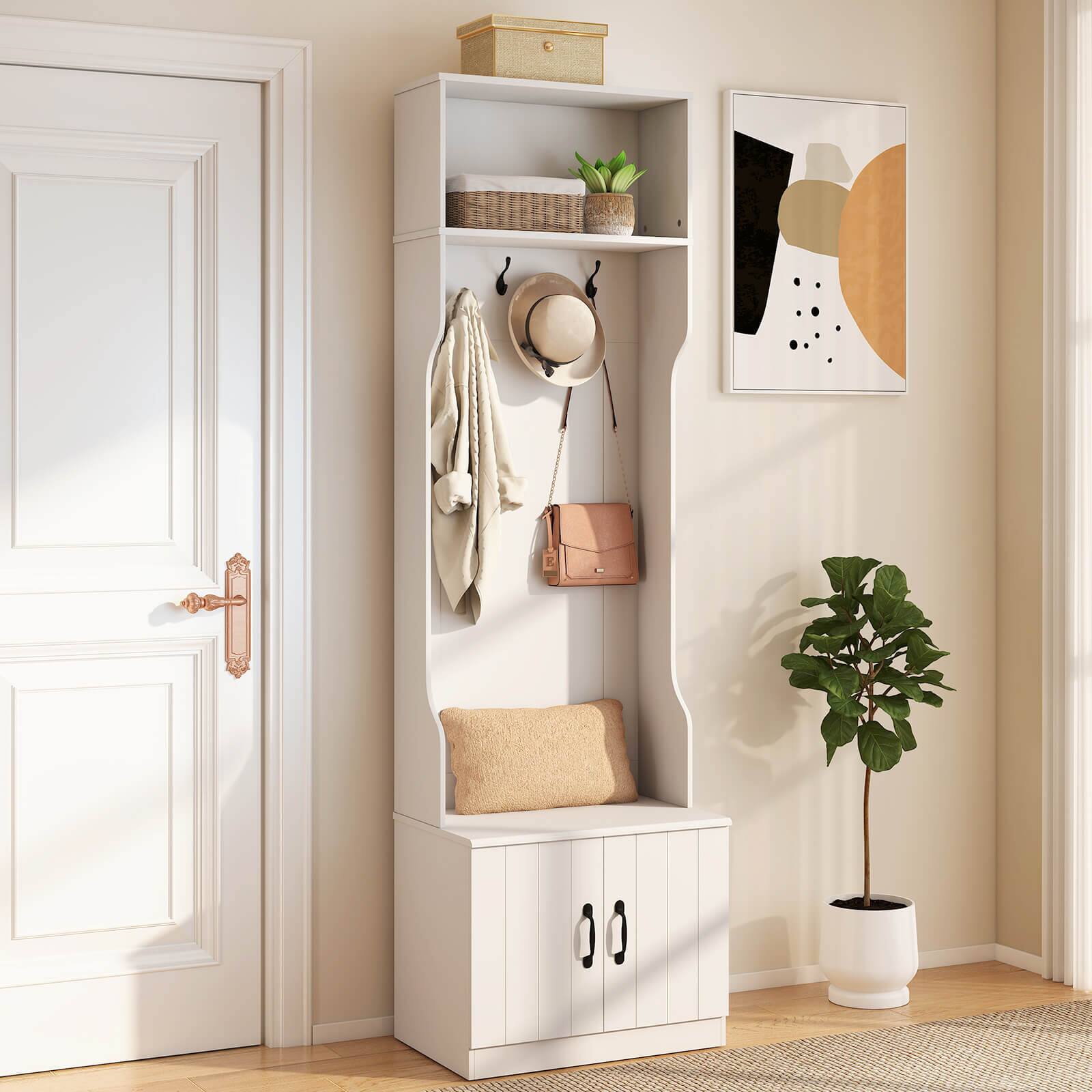 Alt View 1. Costway - Costway 3-in-1 Hall Tree wirh Bench Storage Adjustable Shelves Hanging Hooks for Entryway - White.