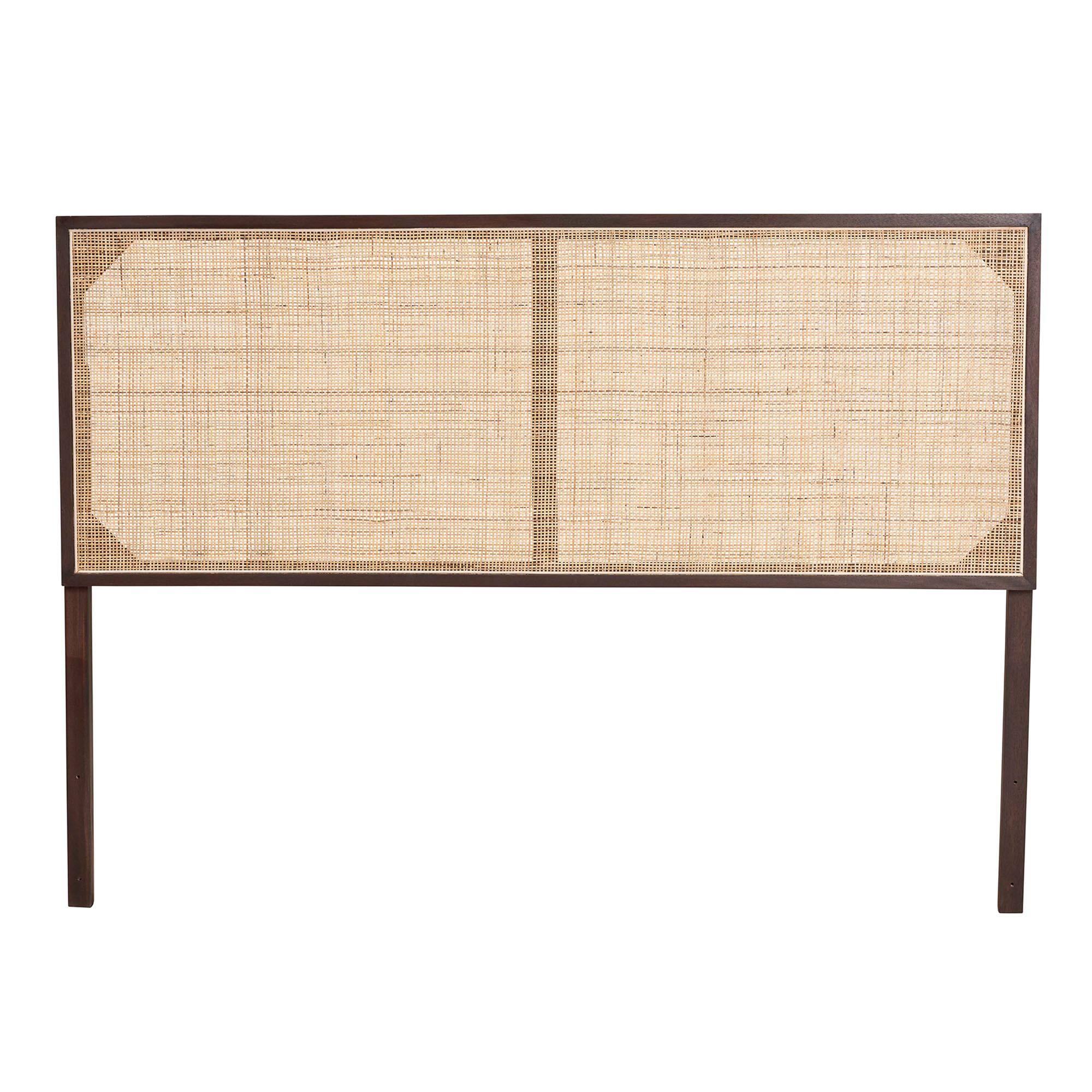 Angle. bali & pari - Aurelia Modern Bohemian Dark Brown Finished Bayur Wood and Natural Rattan Queen Size Headboard - Dark Brown/Natural Brown.