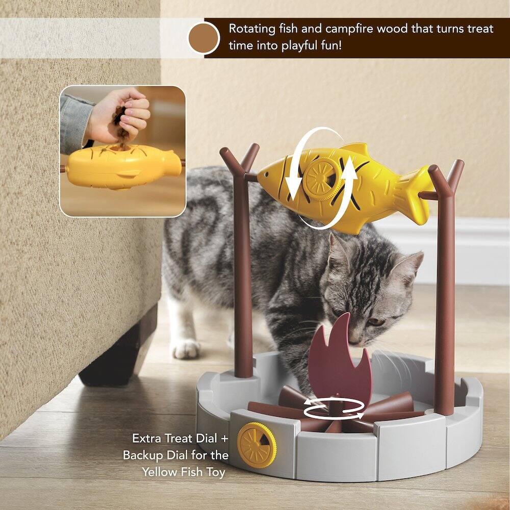 Rotating fish and campfire wood that turns treat time into playful fun!

Extra Treat Dial + Backup Dial for the Yellow Fish Toy