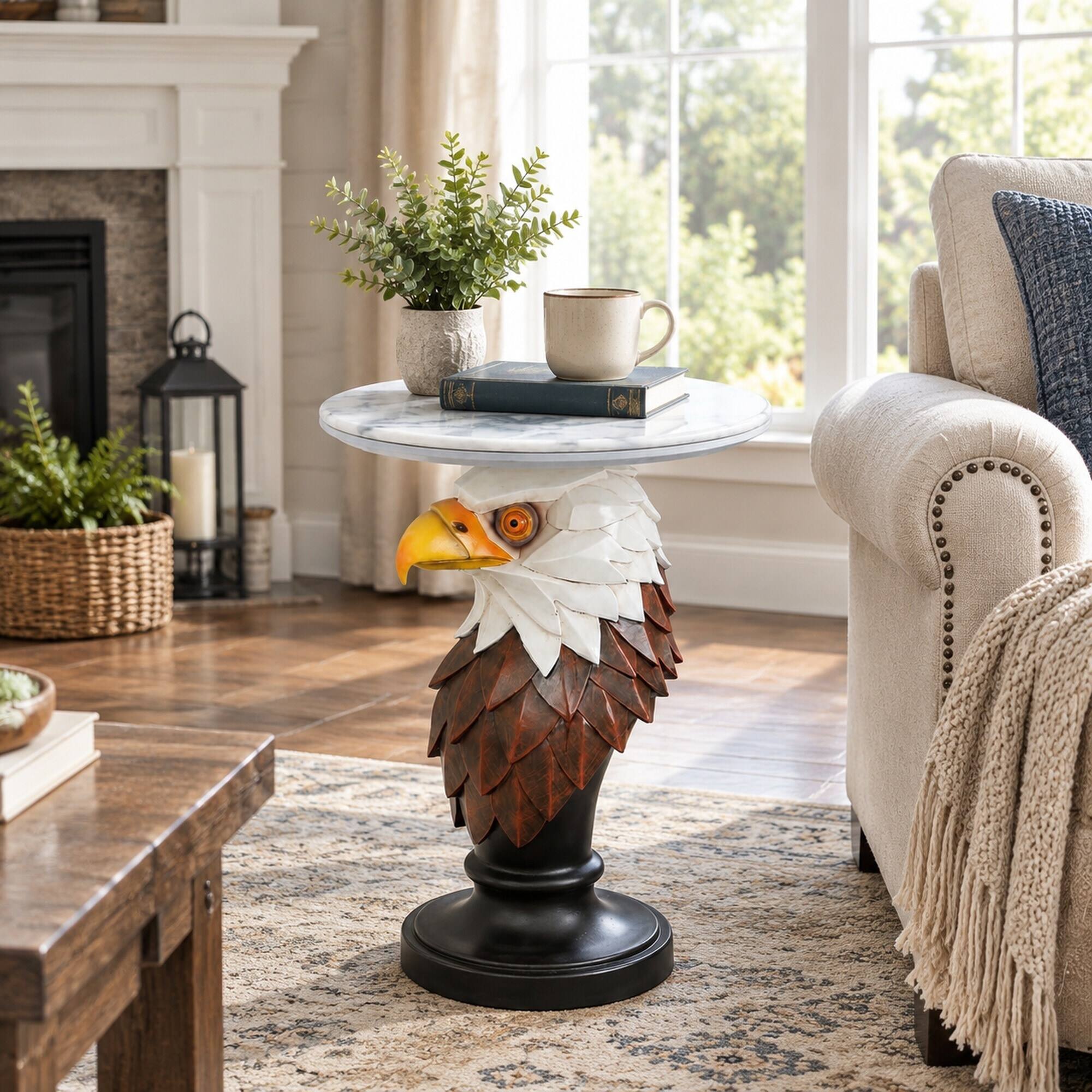 Back. RYHNUYNE - Realistic Eagle Head Accent Table with Faux Marble Top for Living Room and Nature Decor - Brown.