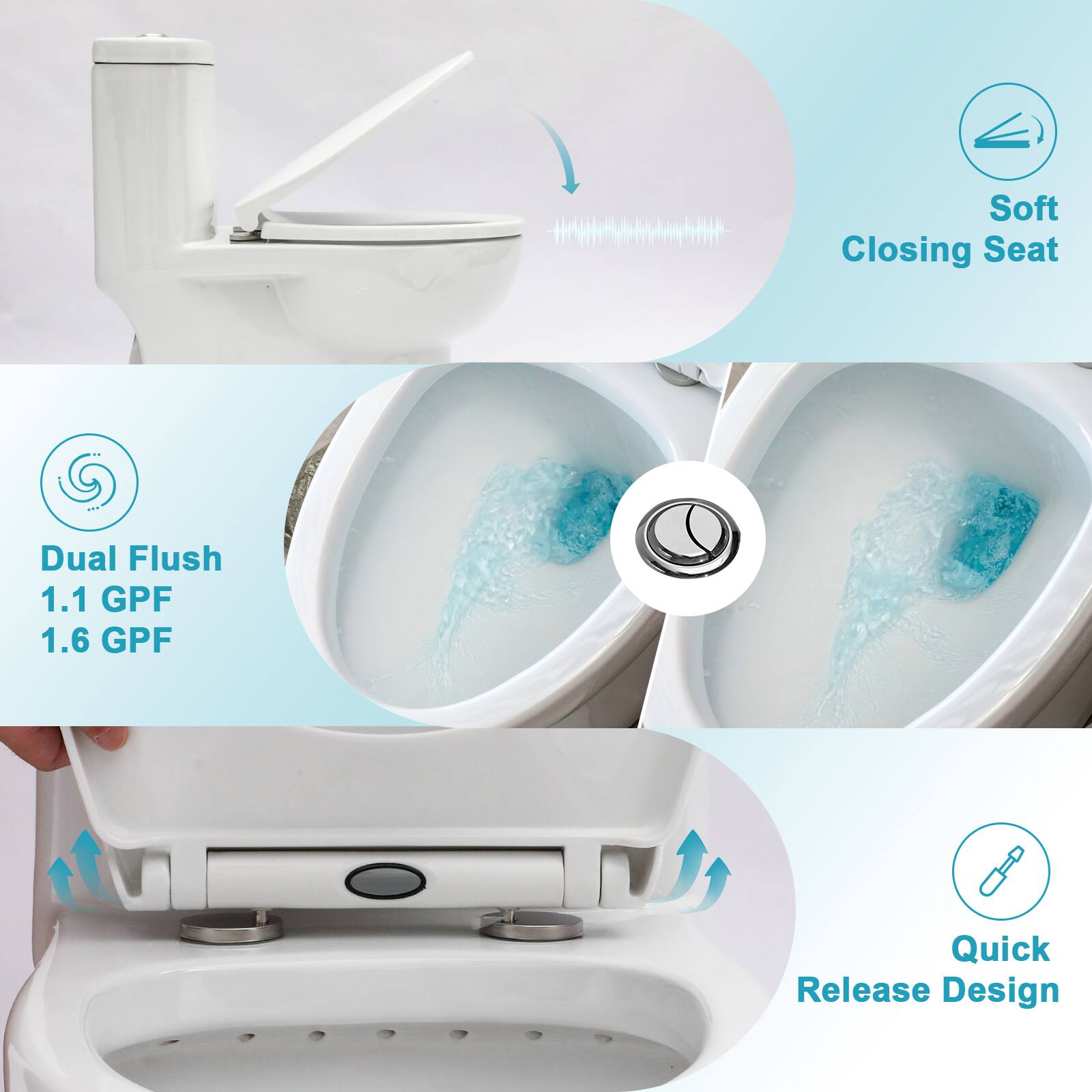 - Soft Closing Seat
- Dual Flush
  - 1.1 GPF
  - 1.6 GPF
- Quick Release Design