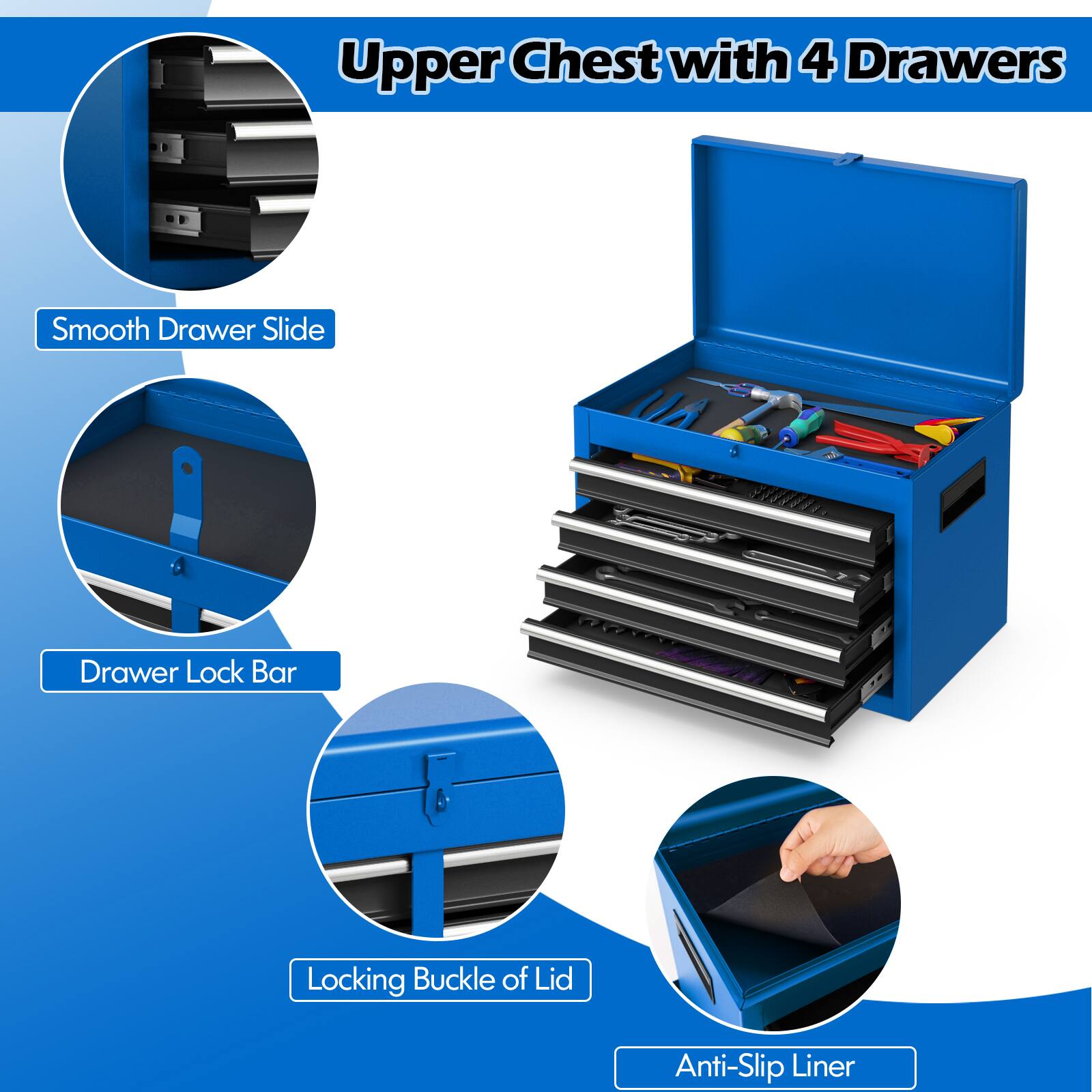Upper Chest with 4 Drawers, Smooth Drawer Slide, Drawer Lock Bar, Locking Buckle of Lid, Anti-Slip Liner