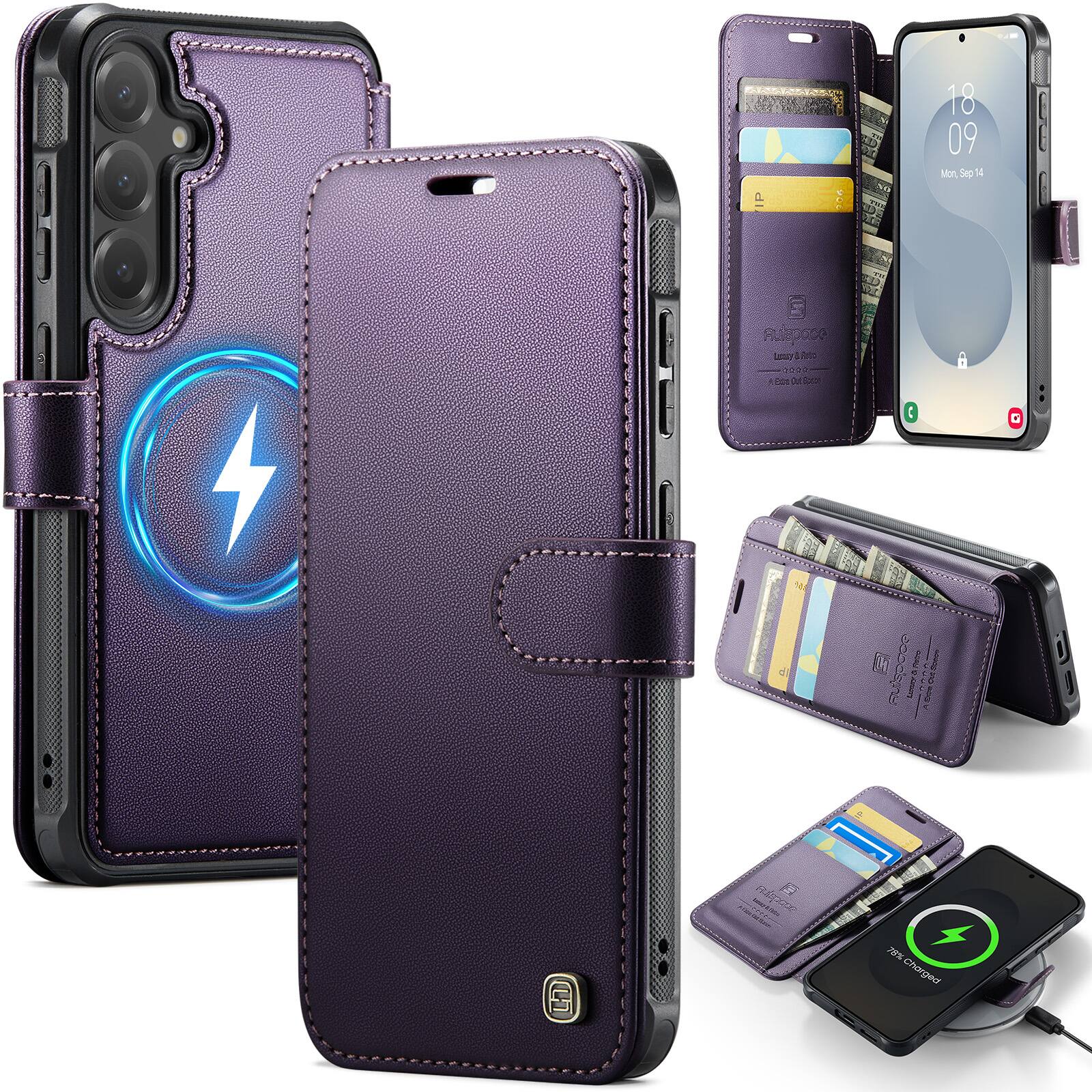 Dteck - Wallet Case for Samsung Galaxy S25 FE, Compatible with MagSafe, PU Leather Flip RFID Blocking Card Holder Cover - Purple