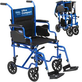 Invacare - Transport Wheelchair w/19" Seat, Flip-Back Removable Arms, Seatbelt, Swing-Away Footrests - Blue