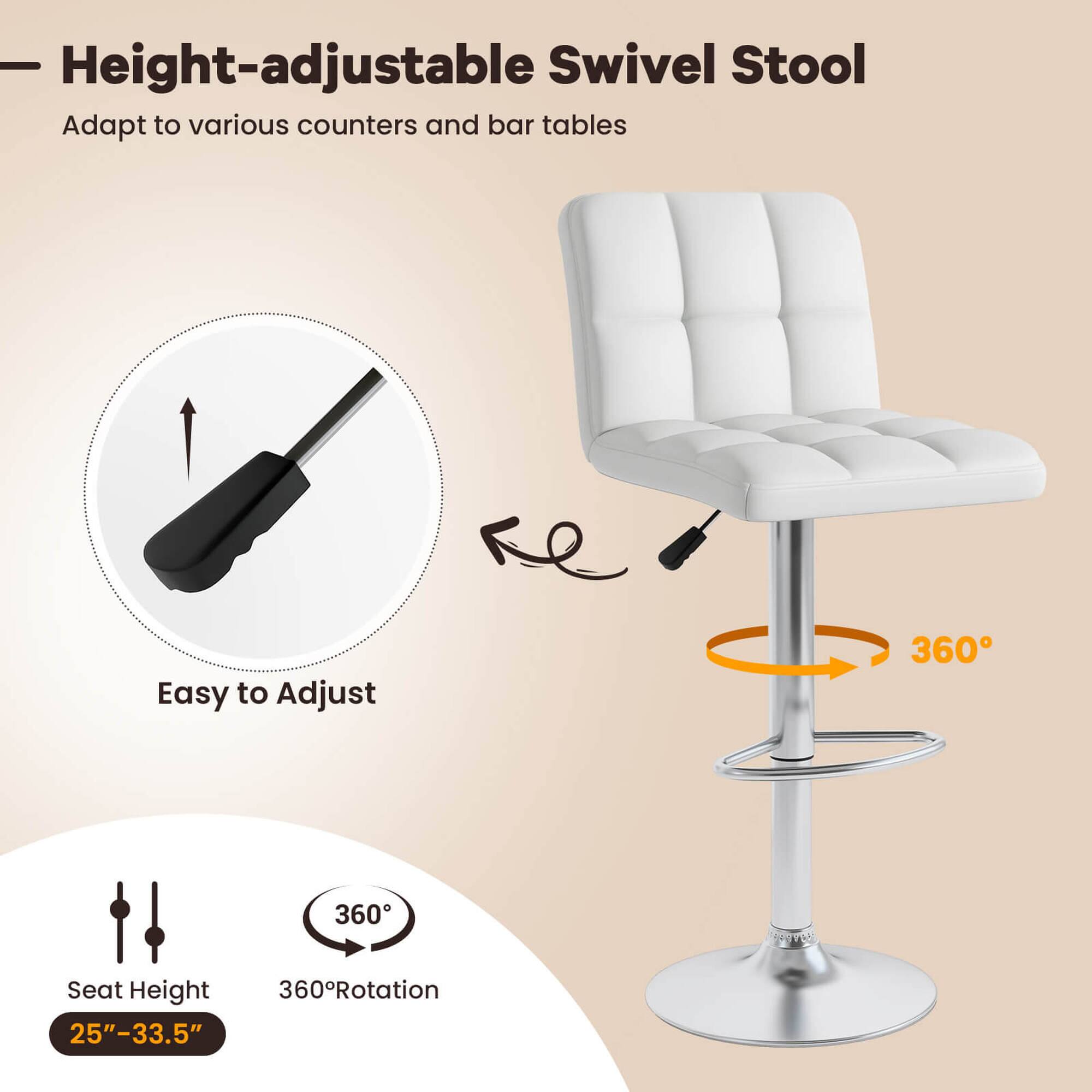 The image features a white height-adjustable swivel stool that can be adapted to various counters and bar tables. The stool is easy to adjust and offers a 360-degree rotation, making it a versatile and functional piece of furniture. The seat height can be adjusted from 25" to 33.5", providing comfort and convenience for users.