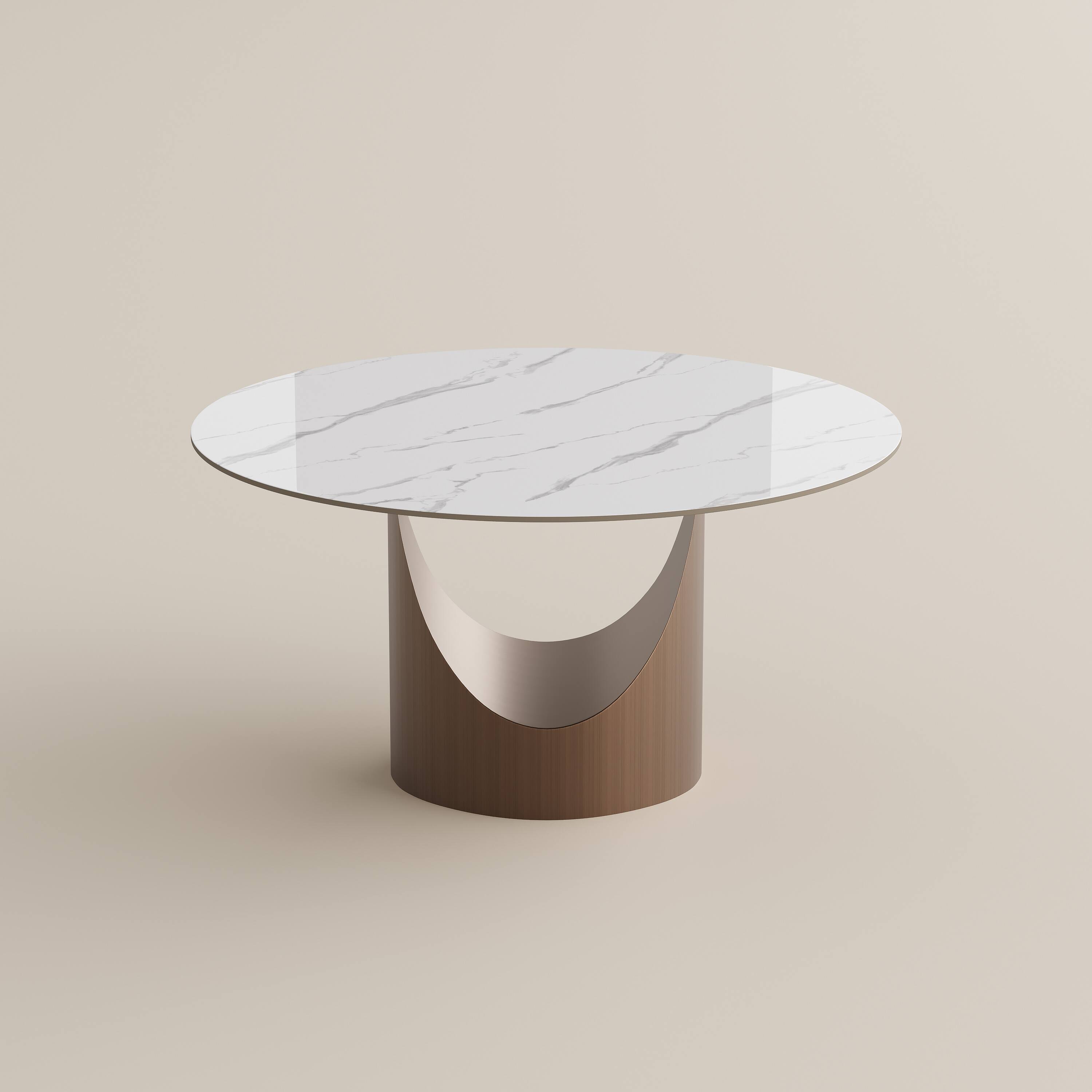 Alt View 7. POVISON - 47" White Round Glossy Sintered Stone Dining Table with Bronze U-shaped Steel Base - White Glossy Sintered Stone with Bronze Steel Base.