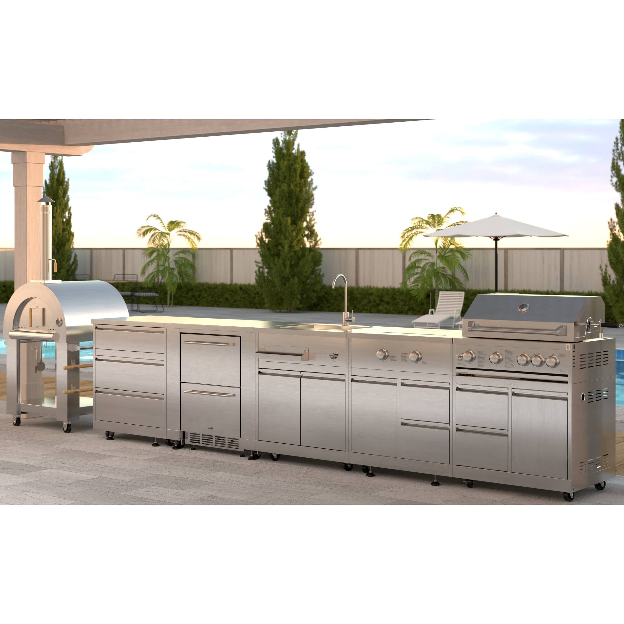 Angle. Koolmore - Wood fire Pizza Oven, 3 Drawer Cabinet,  Double Refrigerator Drawers, Sink, Side Burner and a 30 in. Grill with Cabinet - Stainless Steel.