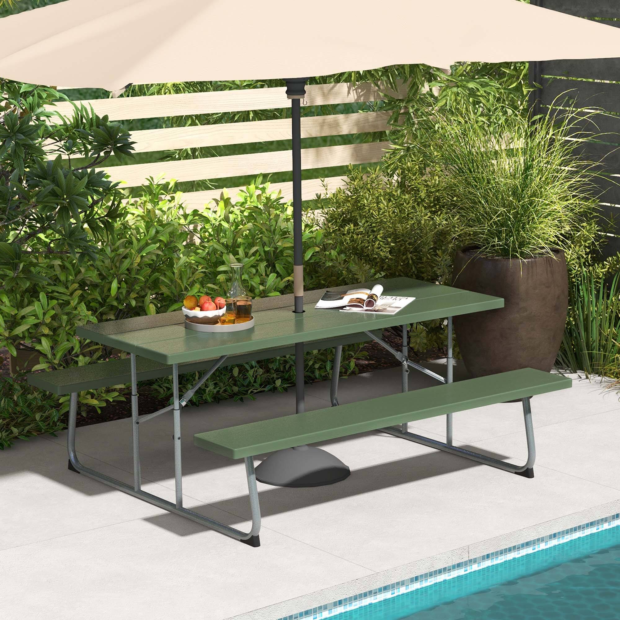 Alt View 1. Costway - Costway Folding Picnic Table with 2 Benches All Weather Wood-like Tabletop Umbrella Hole - Green.