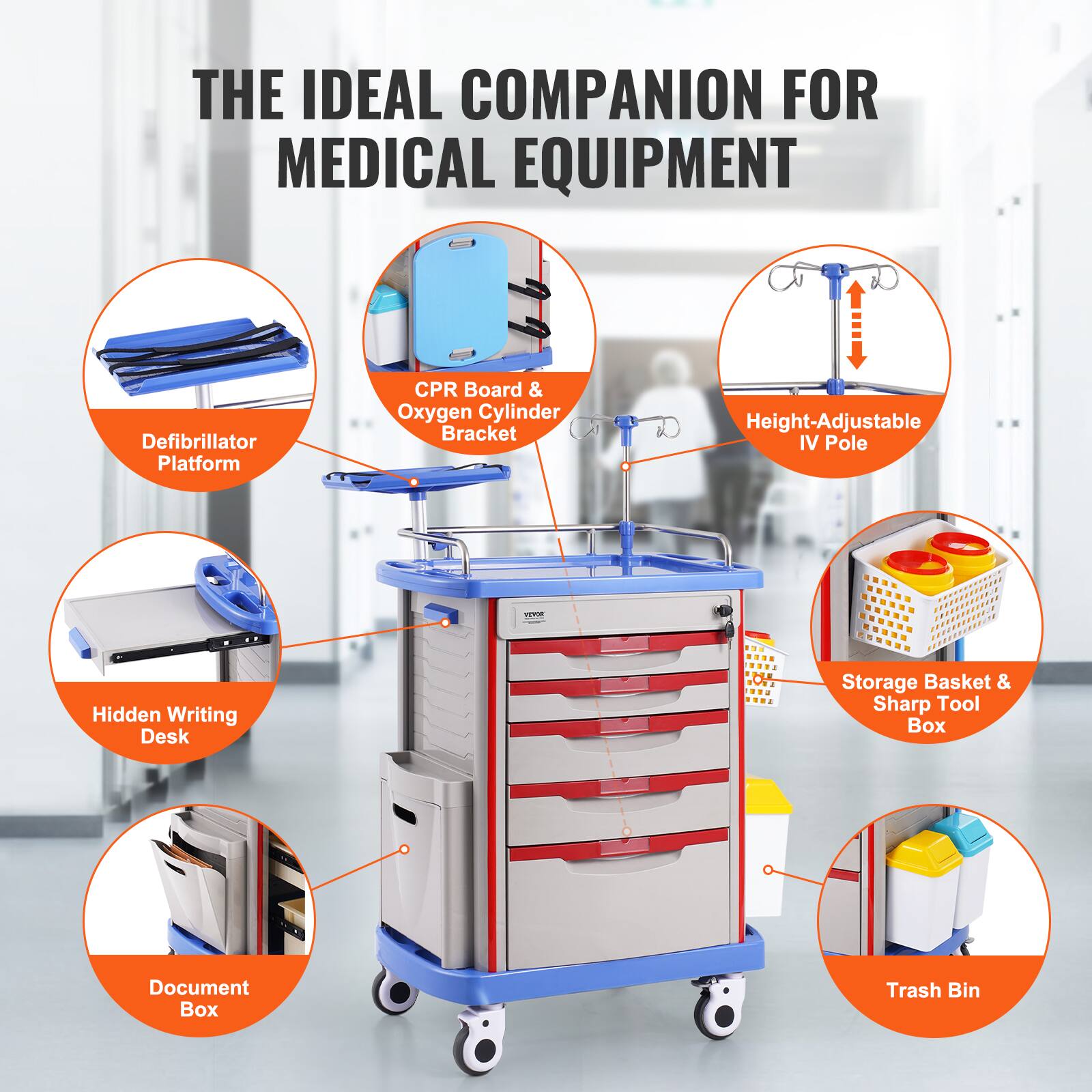 THE IDEAL COMPANION FOR MEDICAL EQUIPMENT

Defibrillator Platform
CPR Board & Oxygen Cylinder Bracket
Height-Adjustable IV Pole
Hidden Writing Desk
Storage Basket & Sharp Tool Box
Document Box
Trash Bin