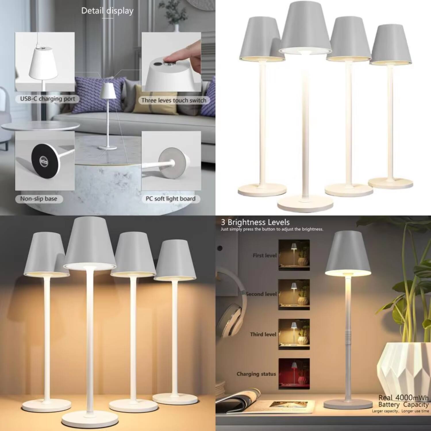 Detail display  
- USB-C charging port  
- Three levels touch switch  
- Non-slip base  
- PC soft light board  

3 Brightness Levels  
Just simply press the button to adjust the brightness.  
- First level  
- Second level  
- Third level  

Charging status  

Real 4000mWh Battery Capacity  
Larger capacity, Longer use time