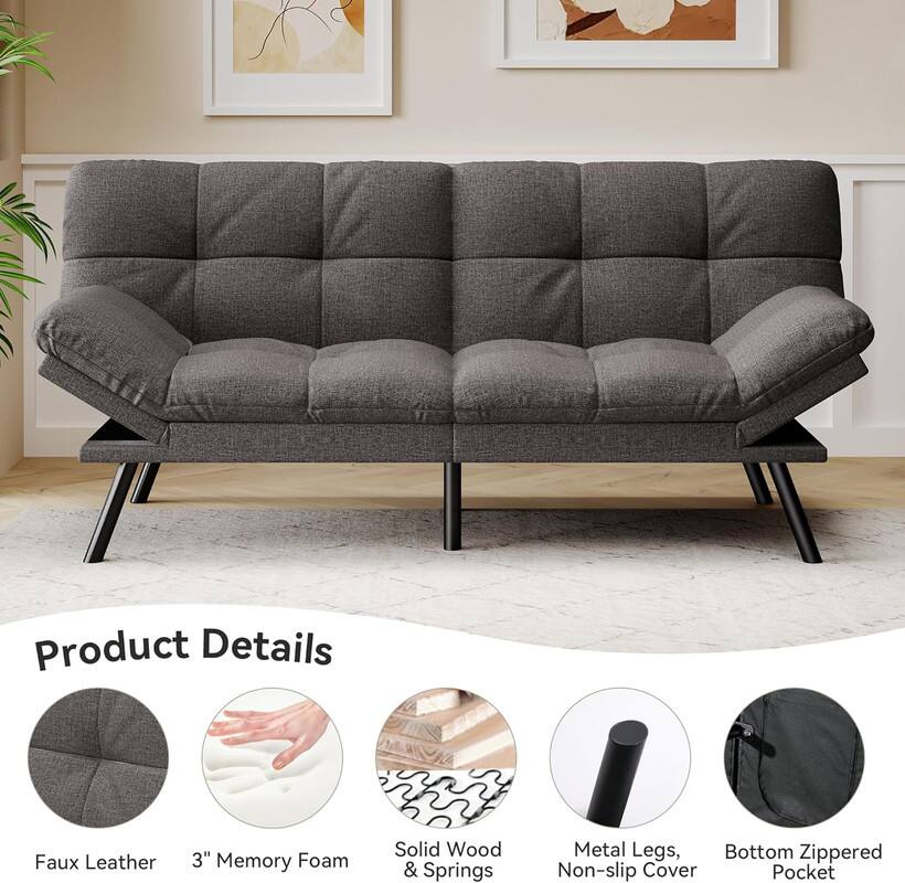 Product Details

- Faux Leather
- 3" Memory Foam
- Solid Wood & Springs
- Metal Legs, Non-slip Cover
- Bottom Zippered Pocket