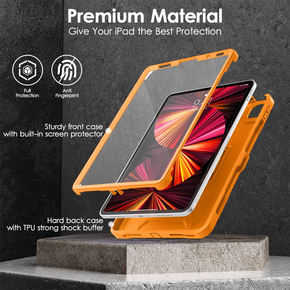 Premium Material  
Give Your iPad the Best Protection  

- Full Protection  
- Anti Fingerprint  

Sturdy front case with built-in screen protector  

Hard back case with TPU strong shock buffer