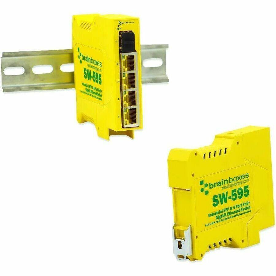 Sure, here is the corrected and grouped text from the image:

---

**brainboxes**  
SW-595  
www.brainboxes.com  

**Industrial SFP & 4 Port PoE+ Gigabit Ethernet Switch**  
Port 1-4: SFP+ & 4 Port PoE+  
Port 5: SFP+  
Port 6: RJ45 10/100/1000 Base-T  
Port 7: RJ45 10/100/1000 Base-T  

---

This text is taken from the image of the brainboxes SW-595 switch.