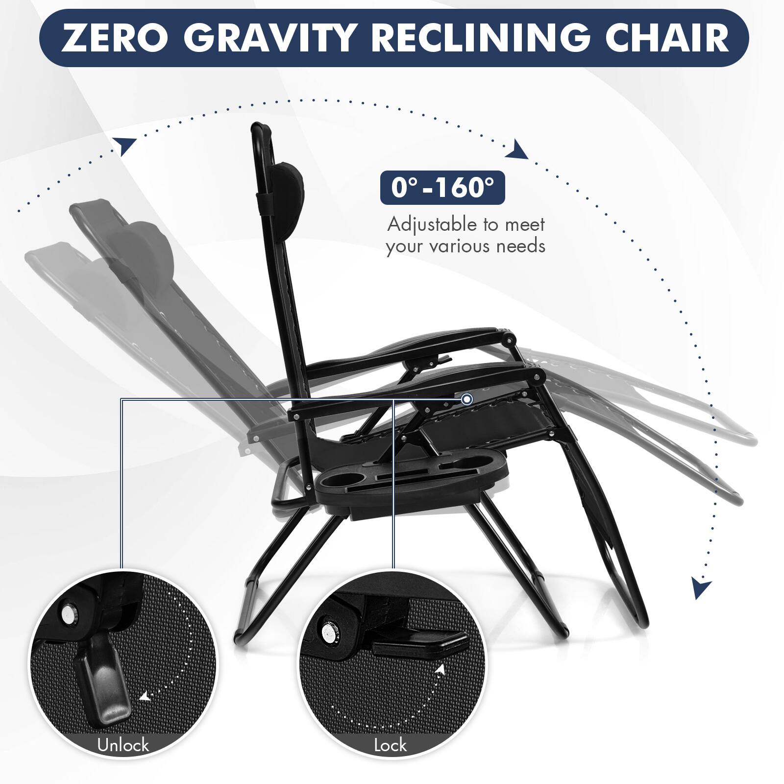 ZERO GRAVITY RECLINING CHAIR

0-160°
Adjustable to meet your various needs

Unlock
Lock