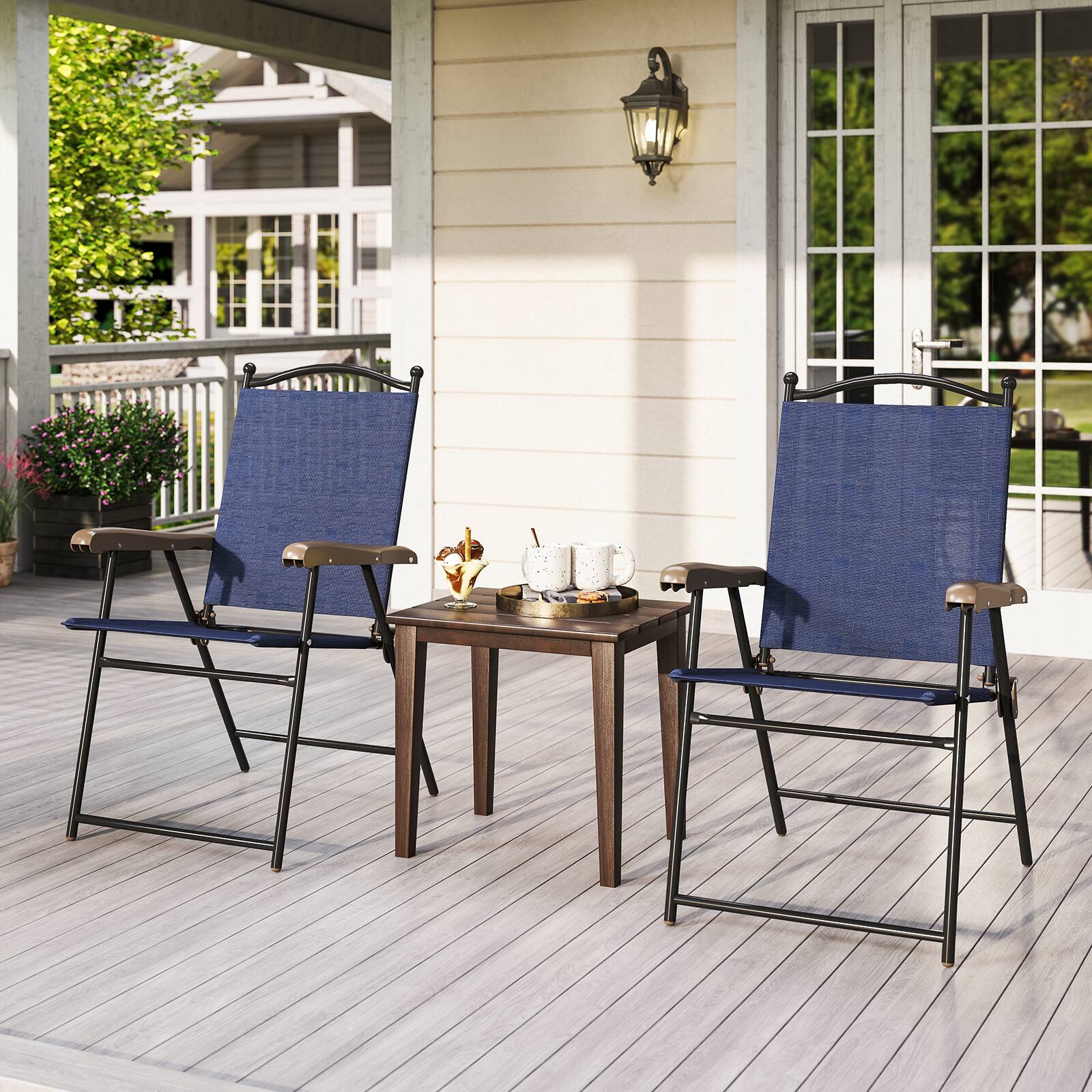 Alt View 1. Gymax - Gymax Patio Folding Chairs Set of 2 Outdoor Dining Chairs w/ Ergonomic Backrests & Armrests - Navy.
