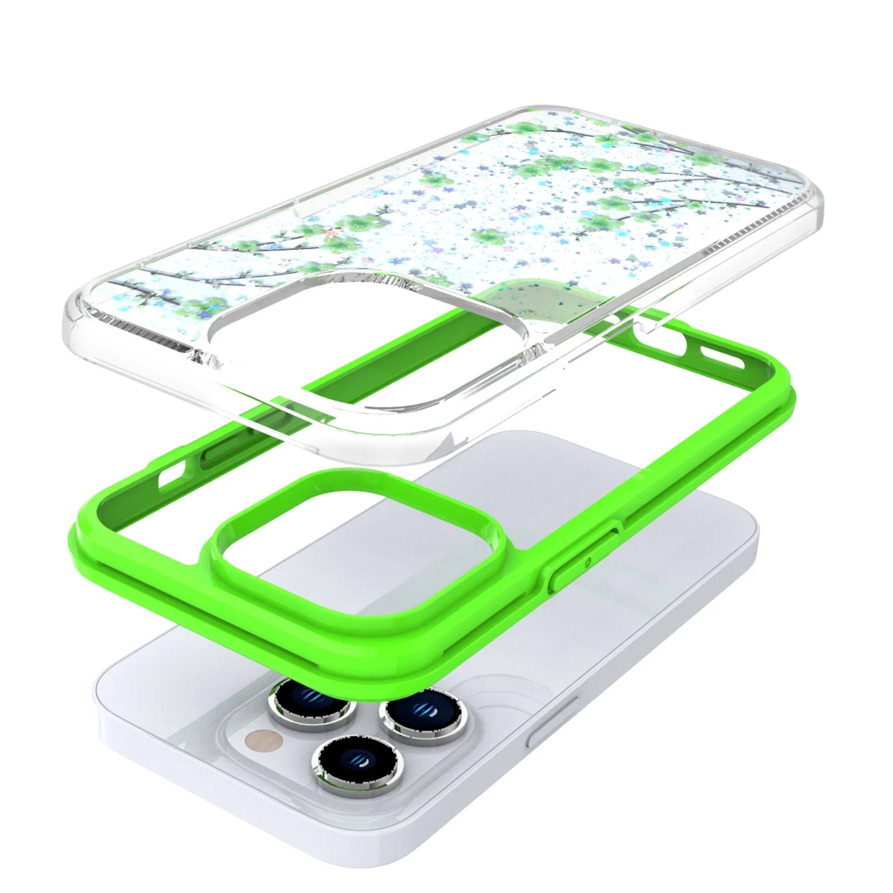 Angle. Kitcheniva - Floral Epoxy Glitter Colorful Frame Hybrid Phone Case For iPhone 14 Pro - Green.